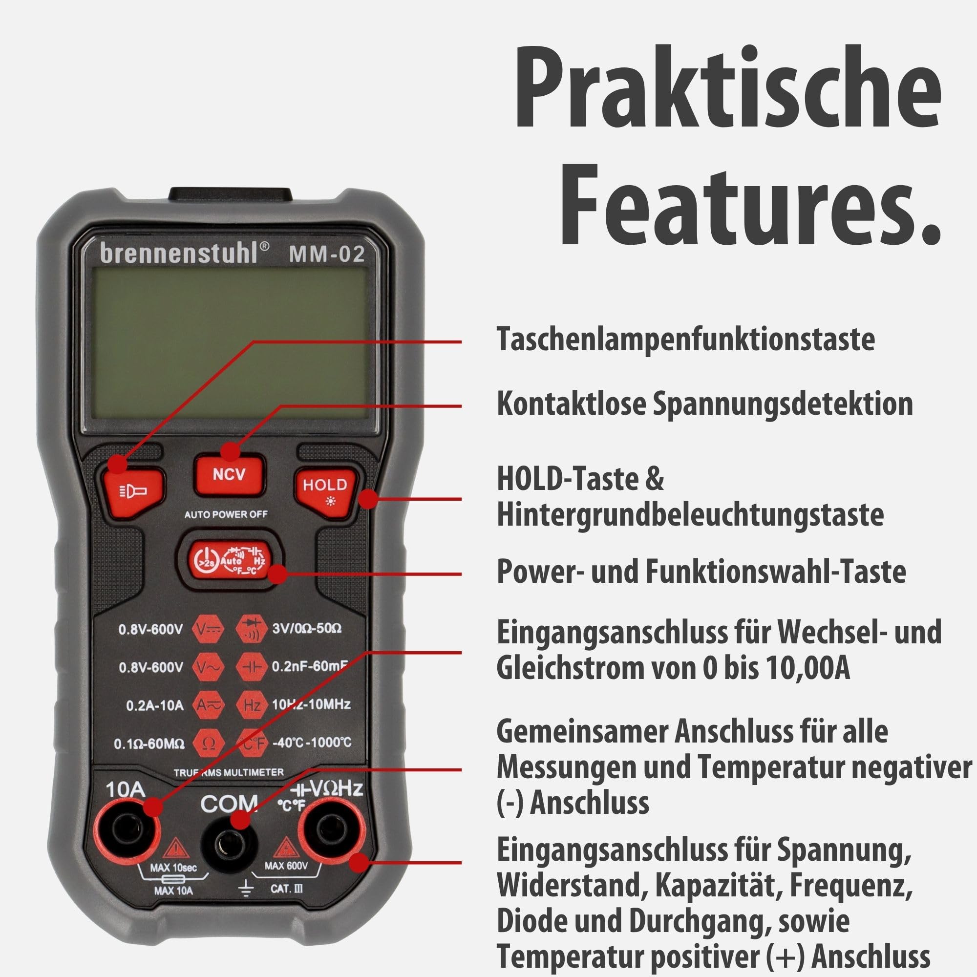 Brennenstuhl Multimeter MM-02 mit automatischer Messbereichsanpassung | AC/DC-Spannung, AC/DC-Strom, Widerstand, Temperatur, Diode, Durchgang, Kapazität, Frequenz und NCV, 6000 Counts, Lampe