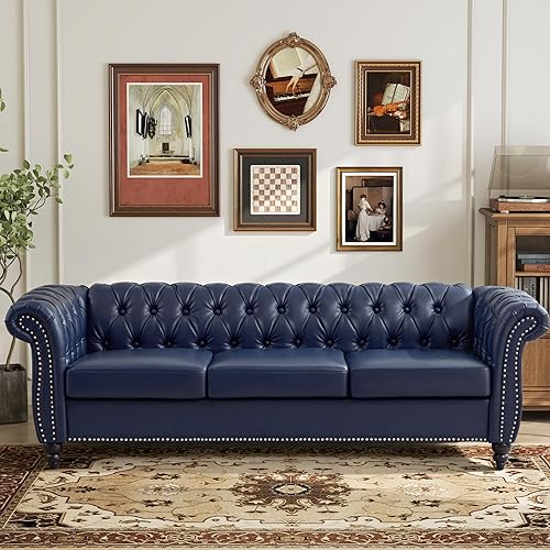 Miniatura 23 de LEVNARY - Sofá Chesterfield, sofá tapizado clásico de cuero con botones, sofá moderno de 3 plazas con respaldo abotonado para sala de estar u Blanco