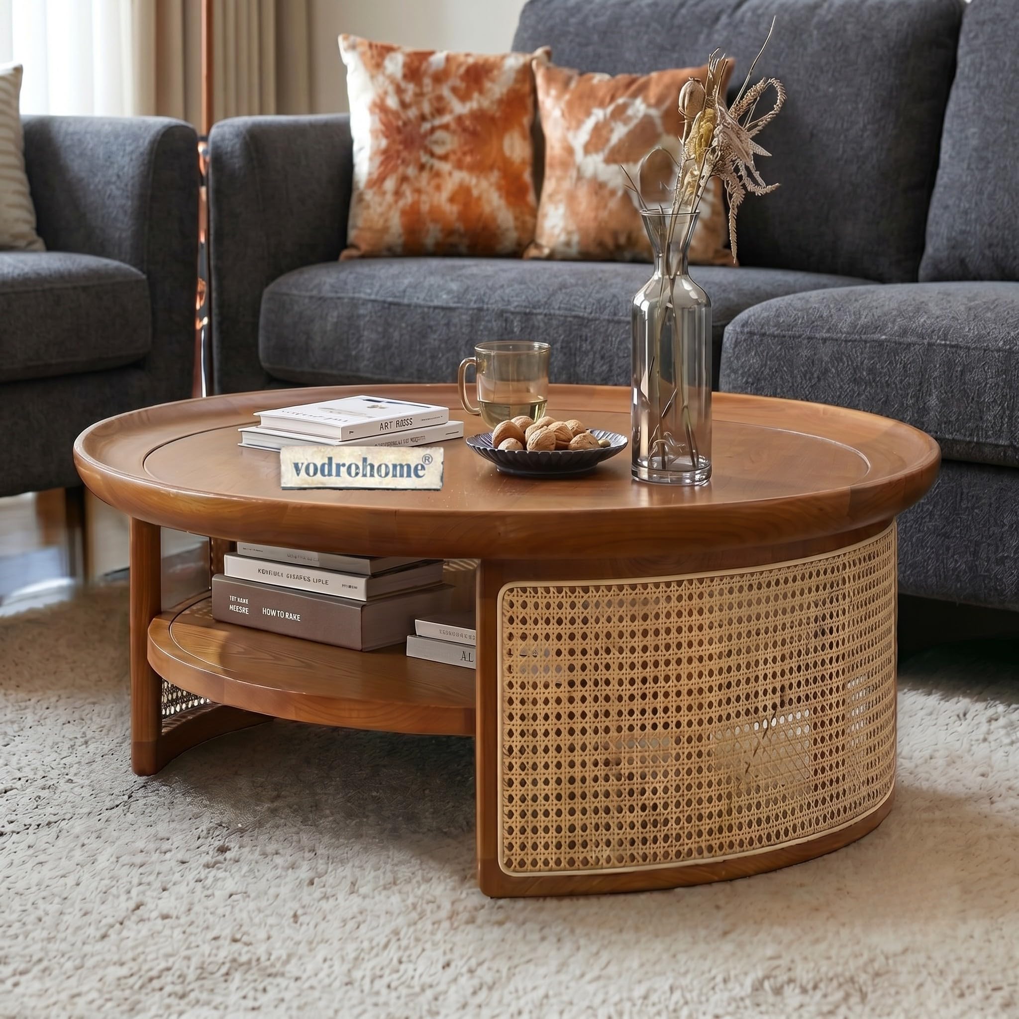 vodrohome Rattan Coffee Table – Cane Center Table with Shelf for Storage – Bohemian Solid Mango Wood Coffee Table for Office and Living Room C#042 (Honey Finish)-image-39