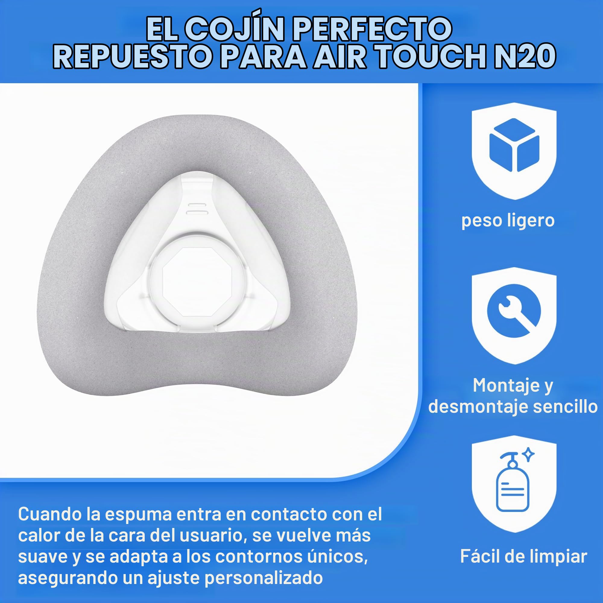 Cojín de Recambio de 2 Piezas (L) para AirTouch N20 y Airfit N20, Comodidad Optimizada y sellado Seguro con Espuma con Memoria (Nueva Versión)