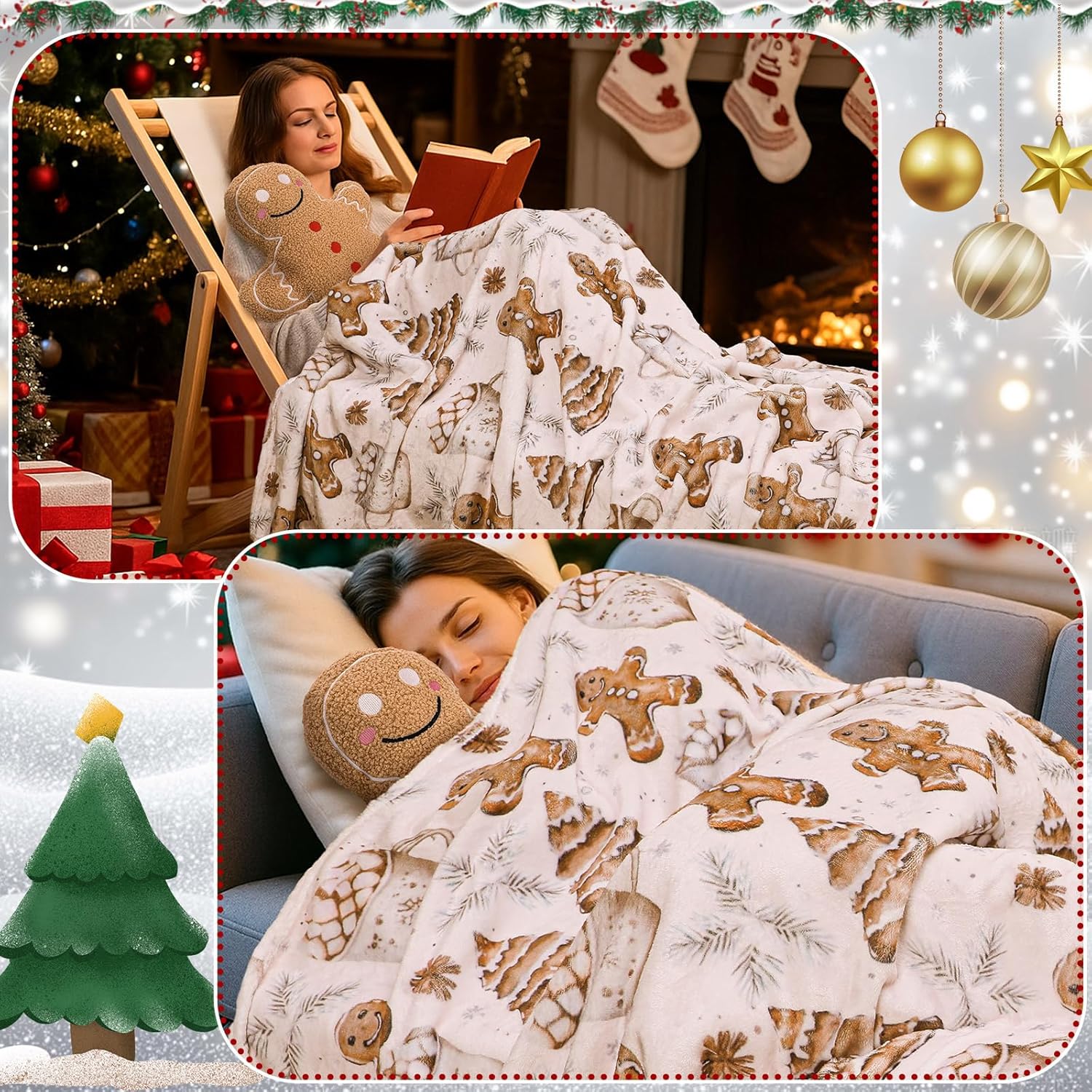 Breling 2 Pcs Christmas Gingerbread Man Throw Blanket and Pillow Set Soft Flannel 51 x 59'' Gingerbread Christmas Blanket and Pillow Xmas Gift Fuzzy Cozy Soft for Home Bed Sofa Couch Office Room Decor - Image 6