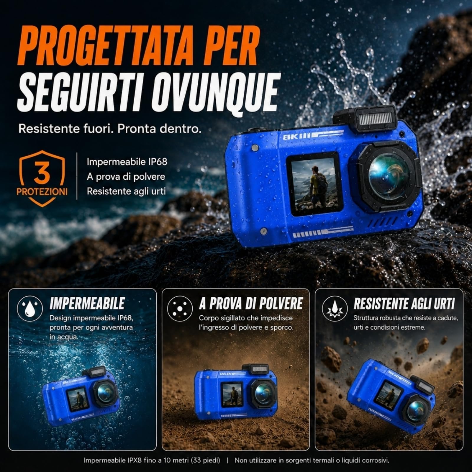 MaxMango D50 33FT Macchina Fotografica Subacquea Impermeabile, 8K 70MP Fotocamera Digitale con 16 GB di Scheda, Doppio Schermo 2.8'' per Selfie, 18x Zoom, Resistente a Polvere e Urti per Snorkeling