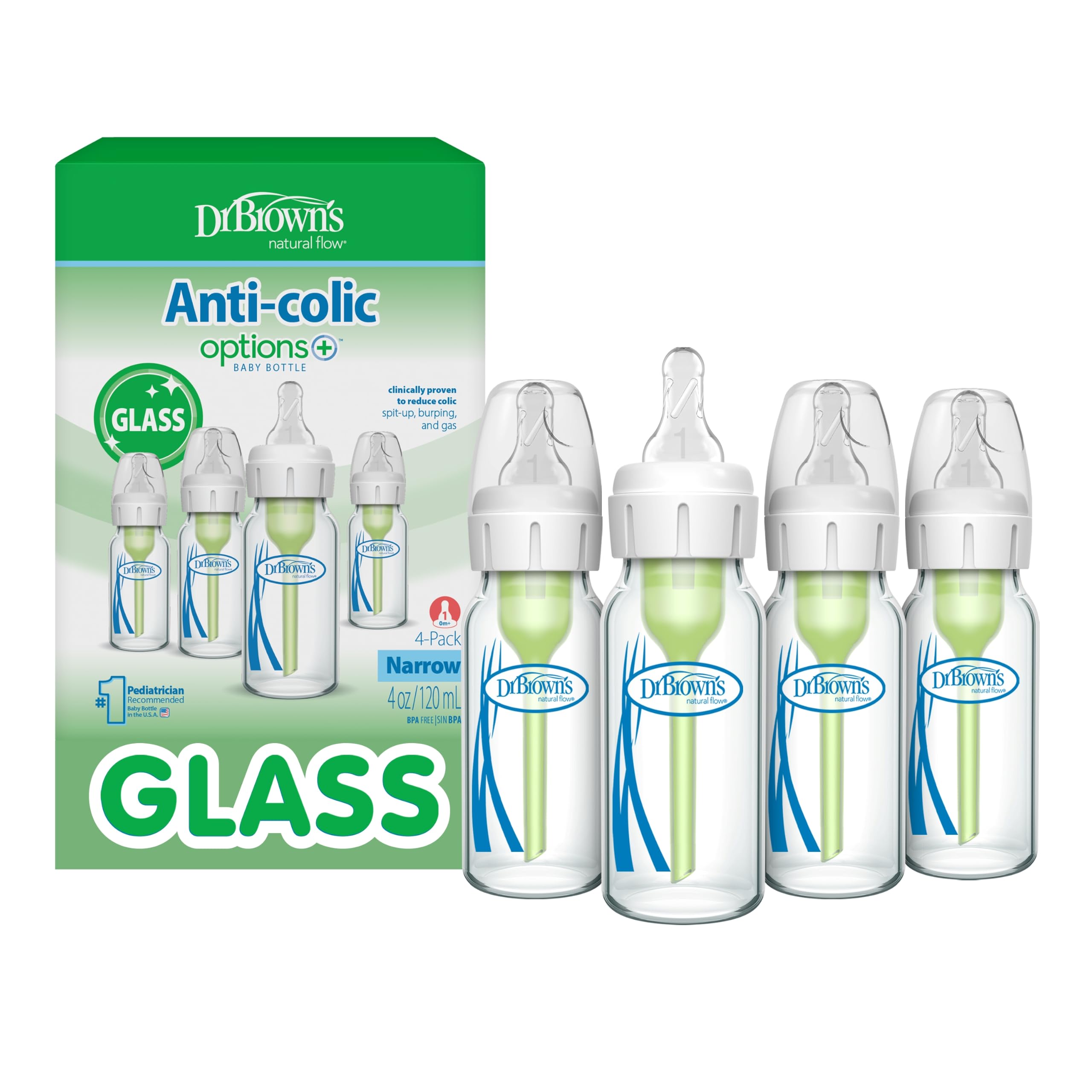 Dr. Brown's Anti-Colic Options+ Narrow Glass Baby Bottle with Level 1 Slow Flow Nipple, BPA-Free, 4 oz/120mL, 4-Pack