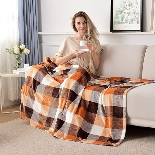 Miniatura 2 de SOCHOW Buffalo Plaid Flannel Fleece Throw Blanket 60 x 80 Inches, Soft Lightweight Cozy All Season Orange Checkered Blanket for Bed, Couch, Car
