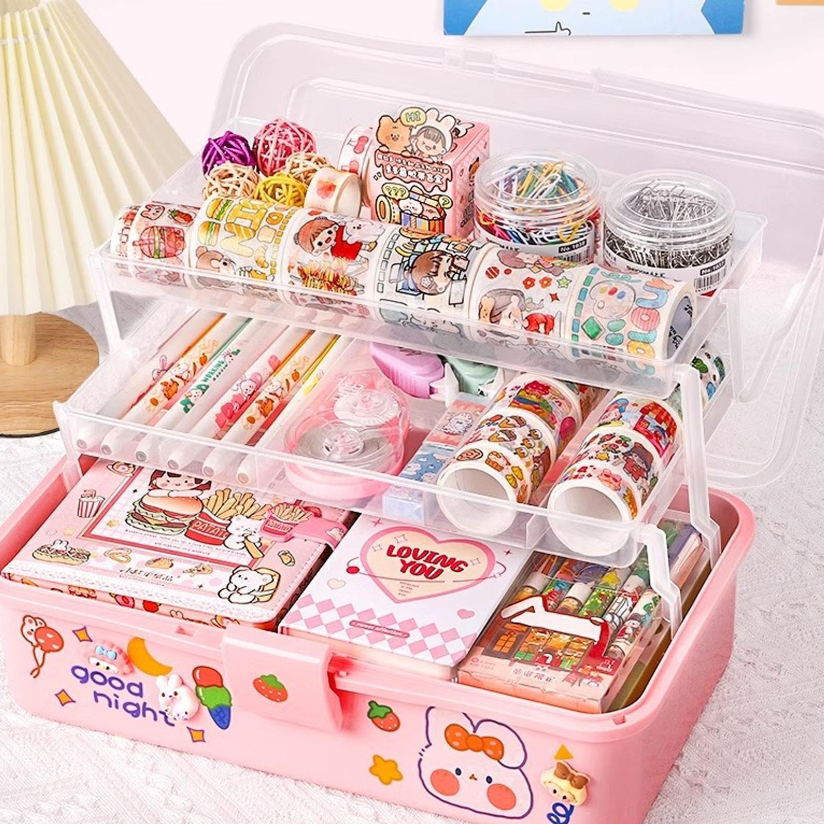 Stationary Organizer Box, Handled Storage Box Pink, Portable Stationary Tool Organizer, Multi-Layer Clear Organizer Box, Medicine Storage Box With Handle, Compact School Supply Organizer Box