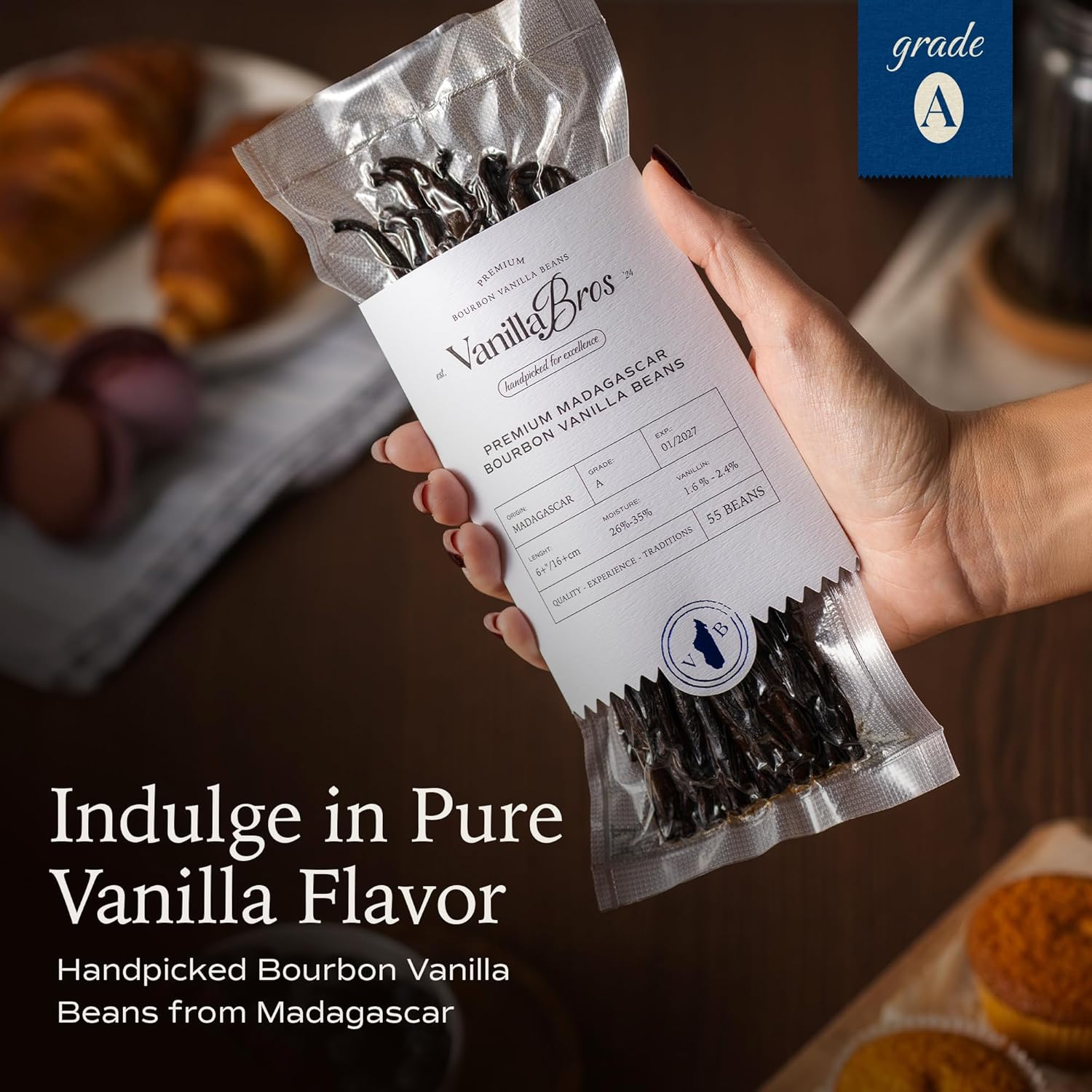 55 Madagascar Vanilla Beans Grade A - Gourmet Bourbon Vanilla Pods 6.3-8.3" - For Baking, Cooking & Homemade Vanilla Extract - VanillaBros