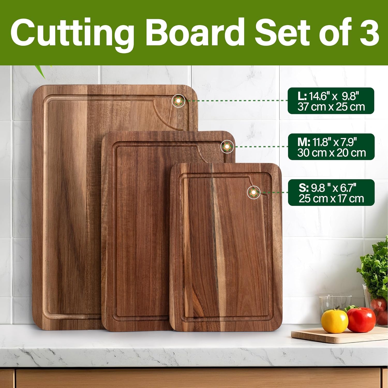 WILLKOMMEN Acacia Wood Cutting Board Set for Kitchen, 3-Piece Chopping Boards with Stand & Juice Groove & Handles, Heavy Duty Wooden Butcher Block for Meat, Vegetables (Small, Medium, Large)