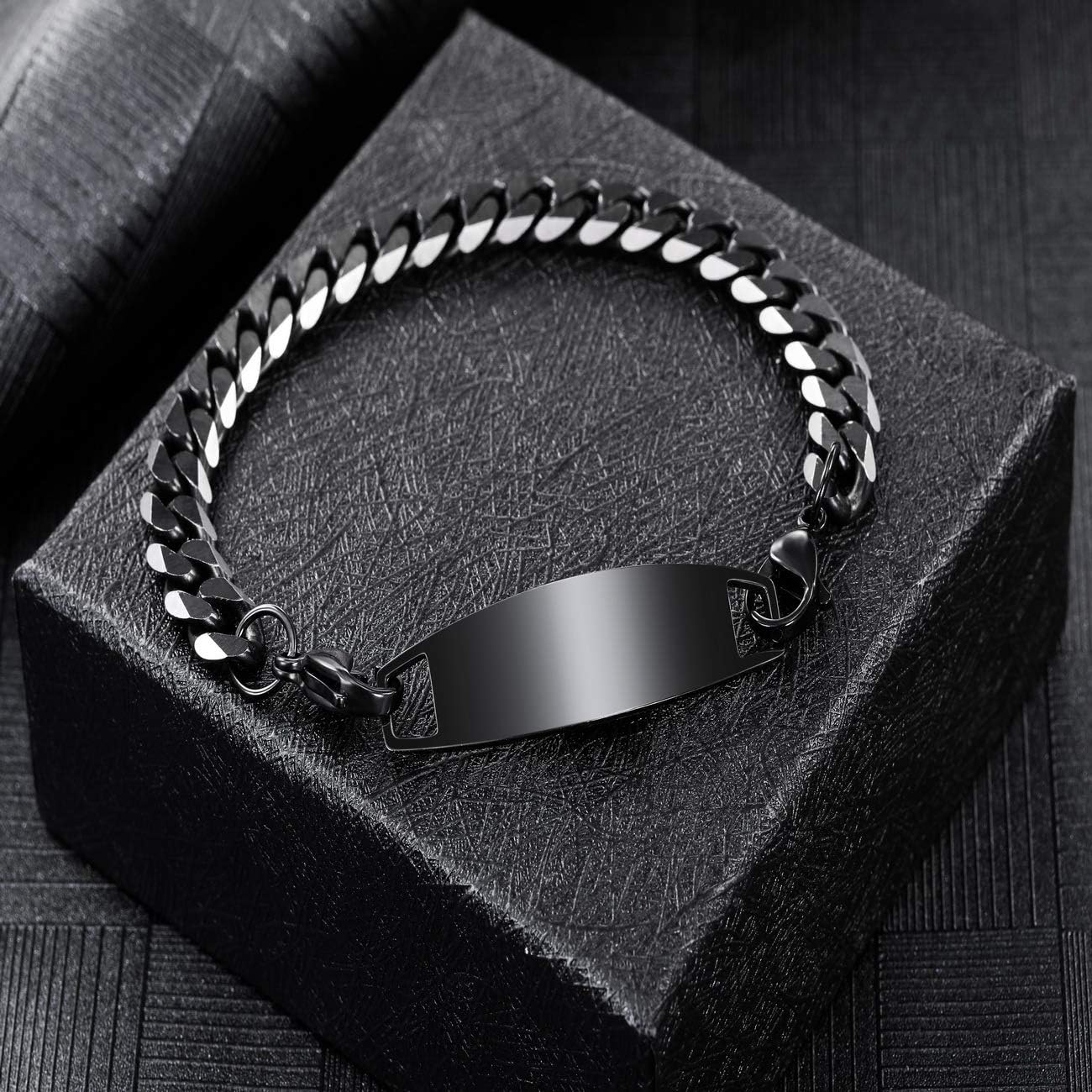 Alert Bracelet Custom Engraved, 6.5-8.7 Inches, Allergy Life Identification Name ID for Men Women Stainless Steel Chain Bracelets - (Bundle with Emergency Card, Holder)
