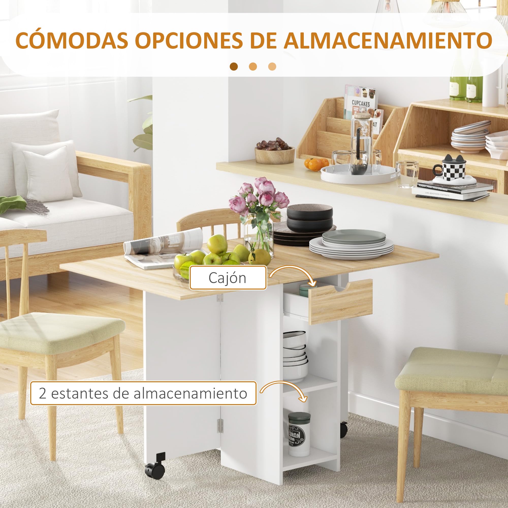 HOMCOM Mesa Plegable de Comedor Mesa de Cocina Plegable con Ruedas Alas Abatibles Cajón y Estantes para 2-4 Personas 120x72x75 cm Roble y Blanco