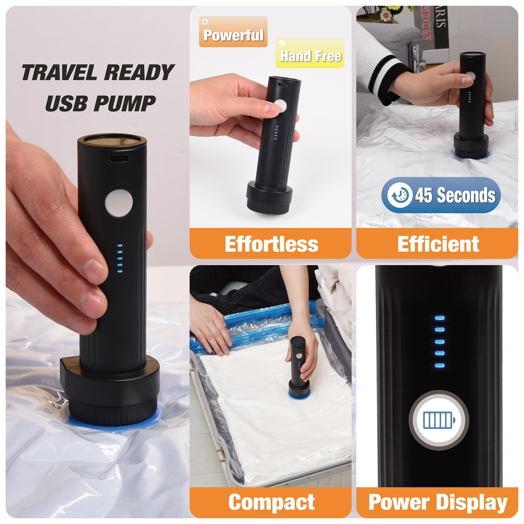 Roomimaster Sacchetti sottovuoto da viaggio con pompa elettrica, 15 sacchetti da viaggio combinati per bagagli e valigie, dimensioni a mano, salvaspazio, per vestiti e abbigliamento