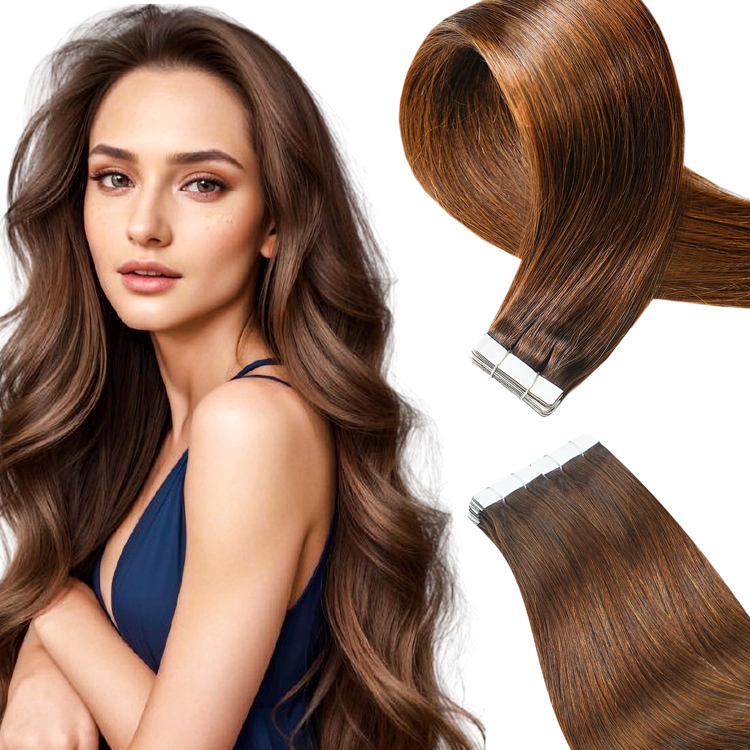 Qingliang Tape-in Hair Extensions Human Hair Remy Human Hair Medium Brown 22 inch 20Pcs Straight Seamless Skin Weft
