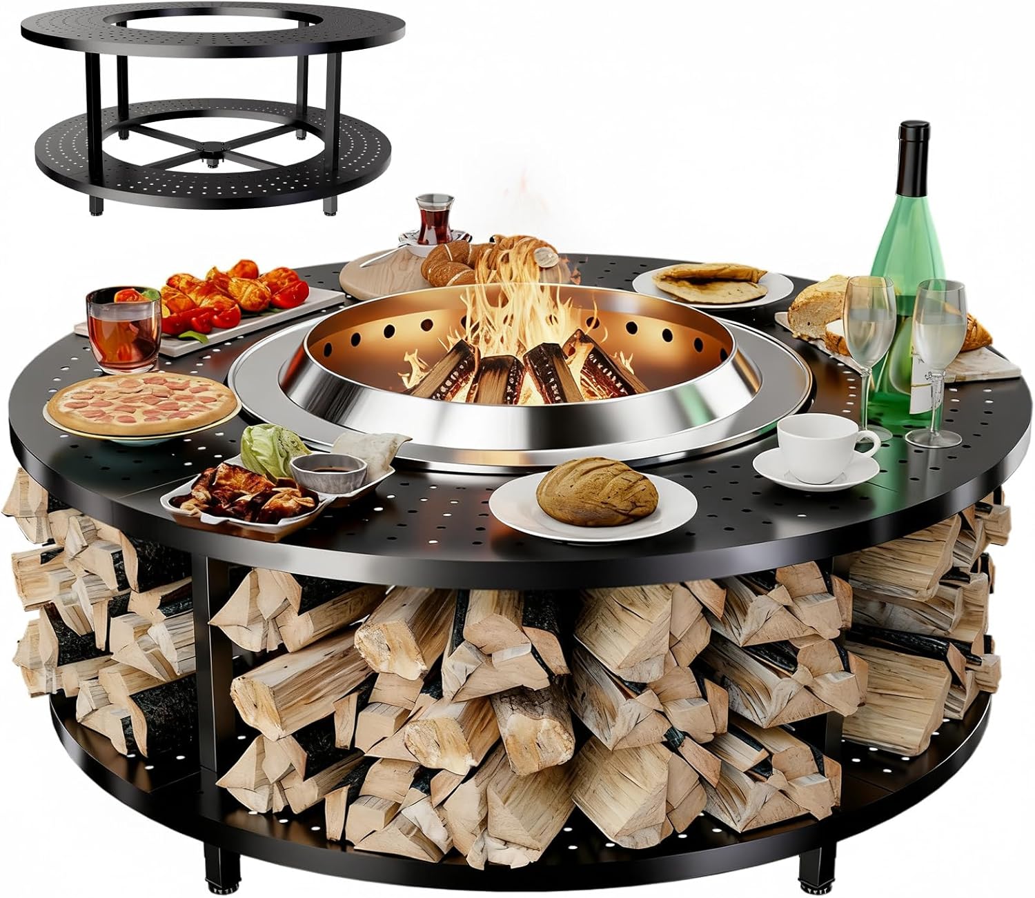 (Similar to photo) Fire Pit Surround Tabletop for Solo Stove Yukon 1.0 & 2.0, 48\" Fire Pit Surround Tabletop with Wood Storage Shelf, Powder-Coated Steel Surround Tabletop with Extra Space with Raised Stand 48\" with raised stand