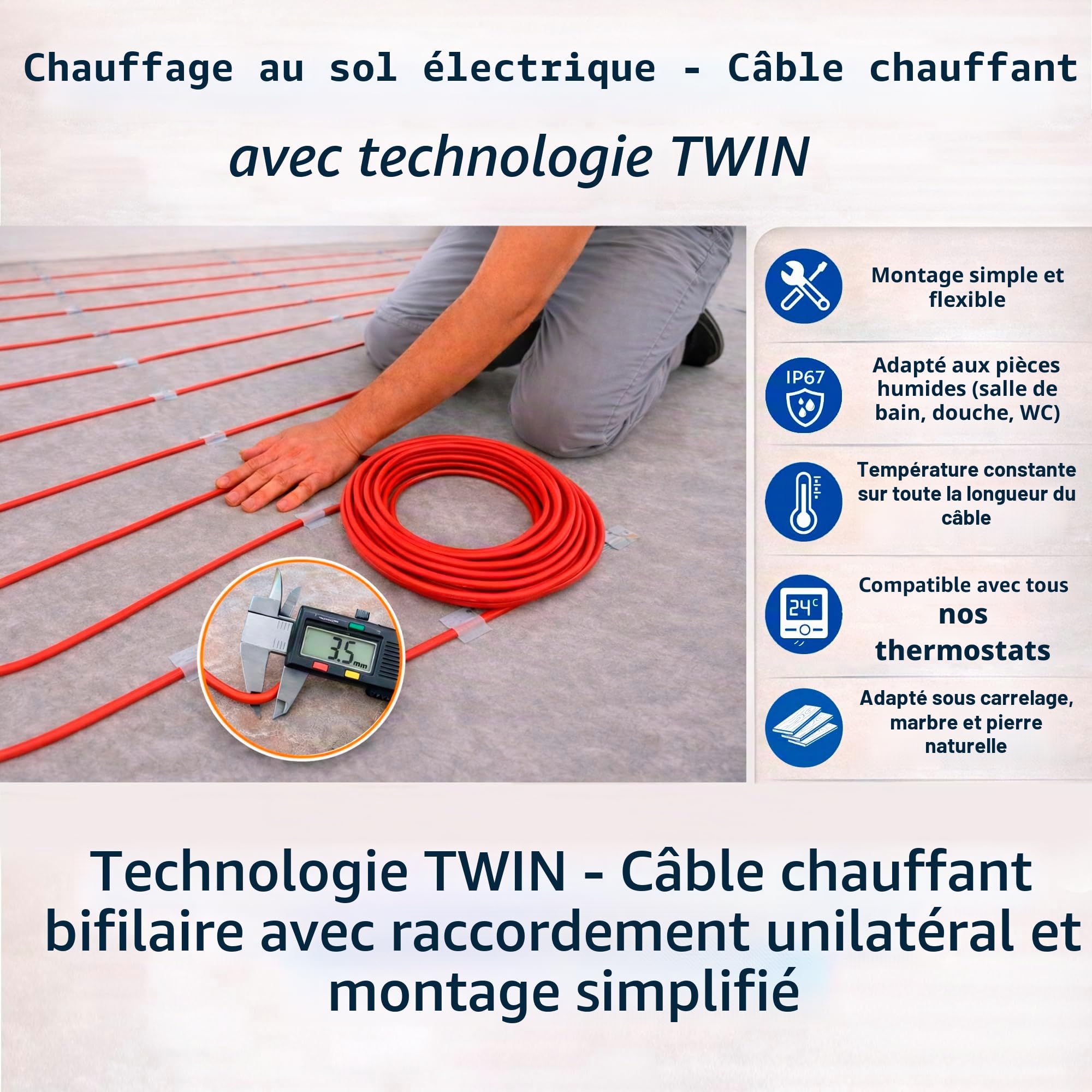 Câble chauffant de sol électrique CALORIQUE - 16W/m - 2400W au total (150 m) - Pour une surface de chauffage de 12 à 24 m² - Technologie TWIN - Classe d'efficacité énergétique A +++