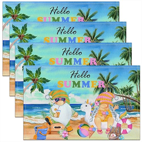 Juego de 4 manteles individuales con diseño de gnomo, estilo hawaiano, estilo hawaiano, para interiores y exteriores, con diseño de árbol de coco,