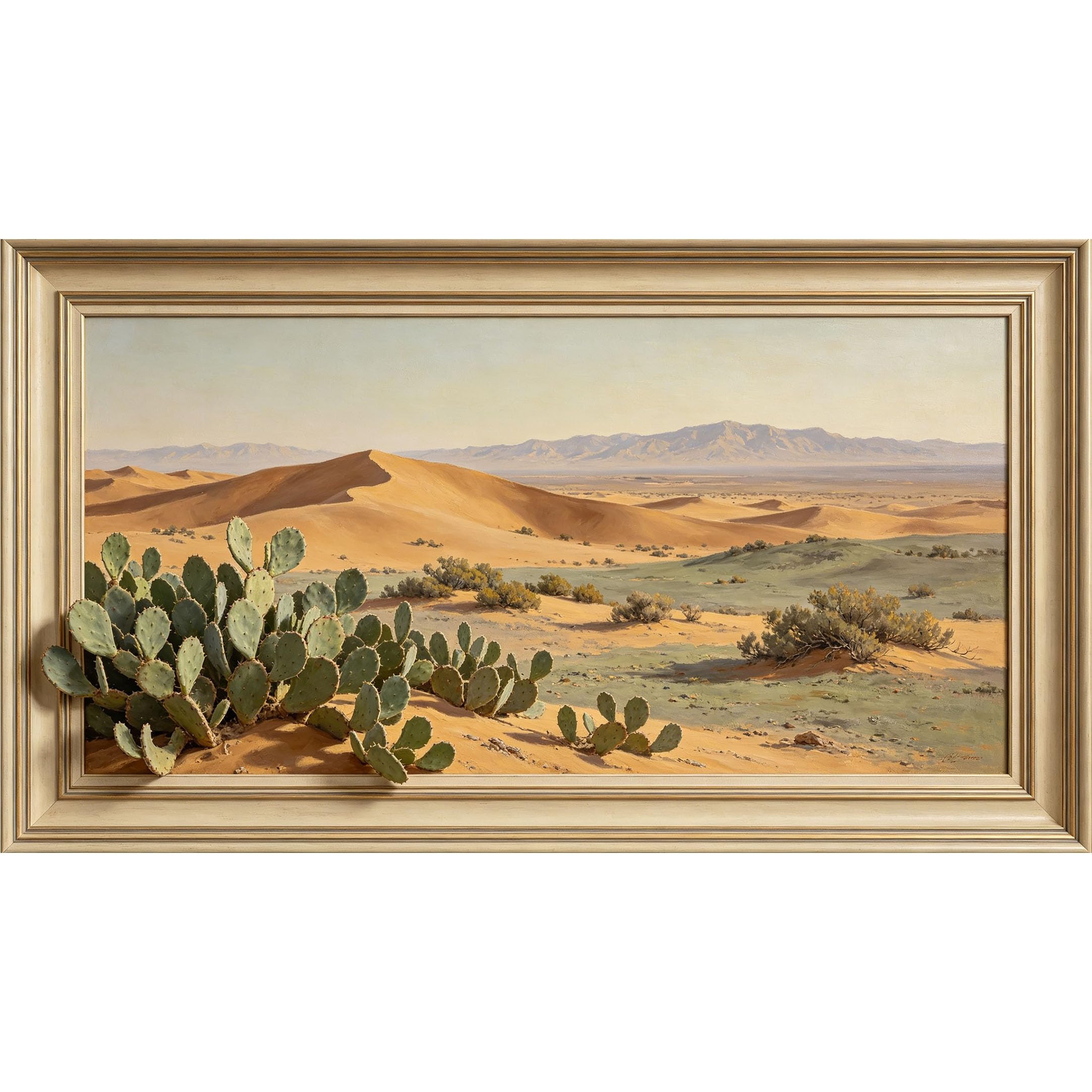 QZLITHOTIC 50x90cm3D Framed Wall Art， Desert Landscape Cactus Botanical Self‑Adhesive Mural， Water‑Activated Peel & Stick Fabric Decor Wall Decal for Bedroom Living Room