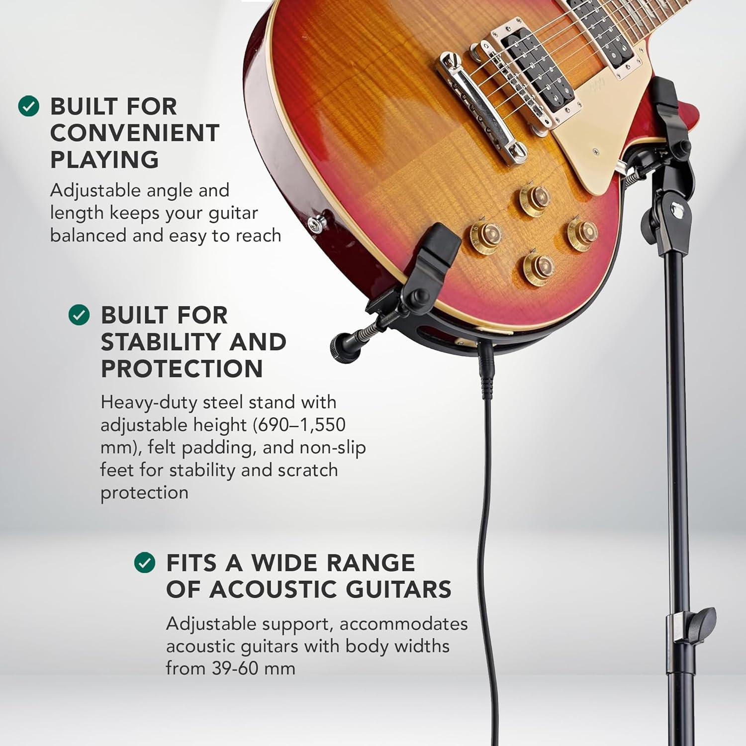 K&M Konig & Meyer 14760.000.55 Performer Electric Guitar Stand - Heavy Duty 2-way Height Adjustment - Felt-lined Instrument Support Arm Folding Guitar Stand Design - For Adult / Young Musicians