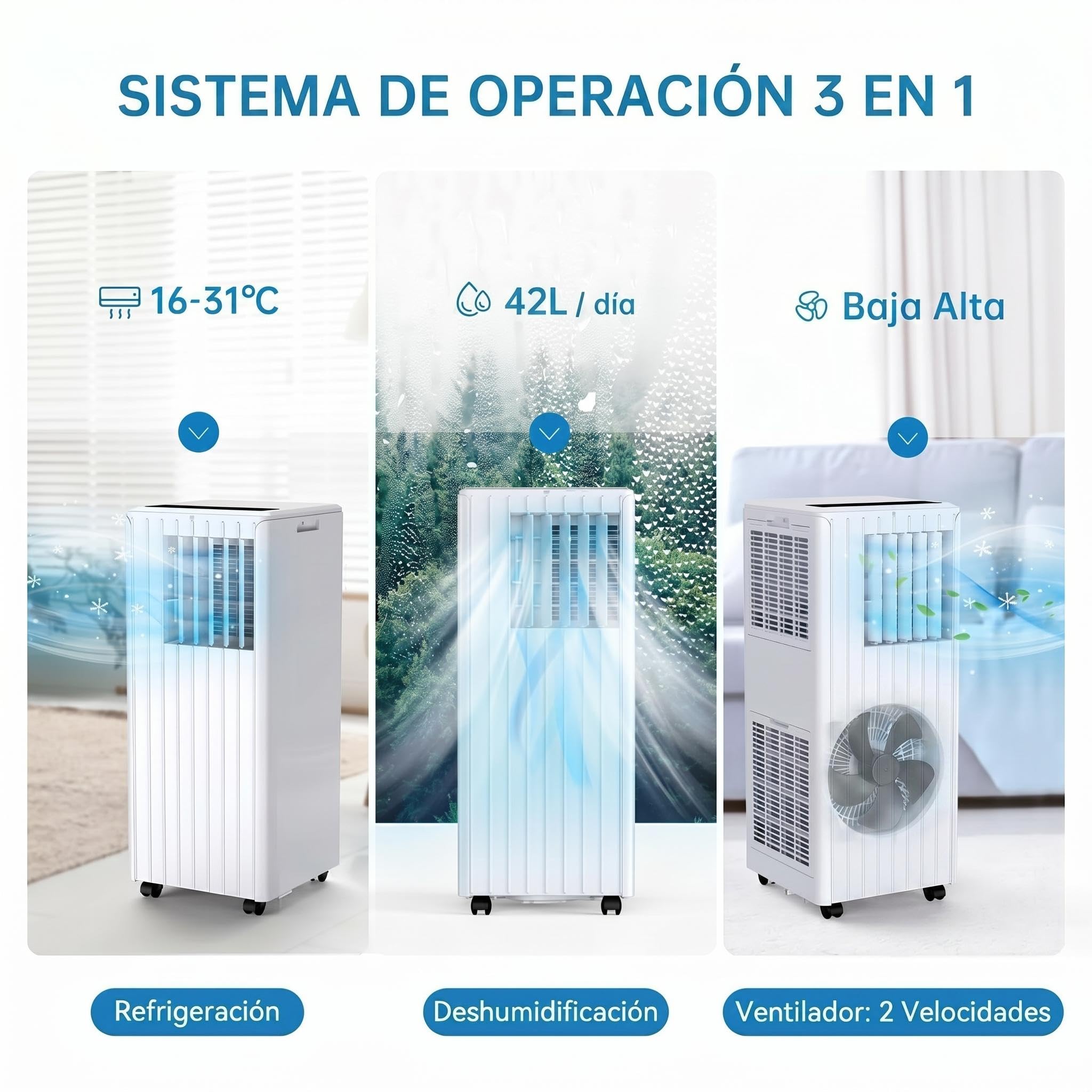 Aire acondicionado portátil 9000BTU - 2.6KW/9000 frigorías - Bajo consumo energético - Pantalla LED, 4 modos, 2 velocidades de ventilador(con mando a distancia) - 25-28 m² - temporizador de 24 horas