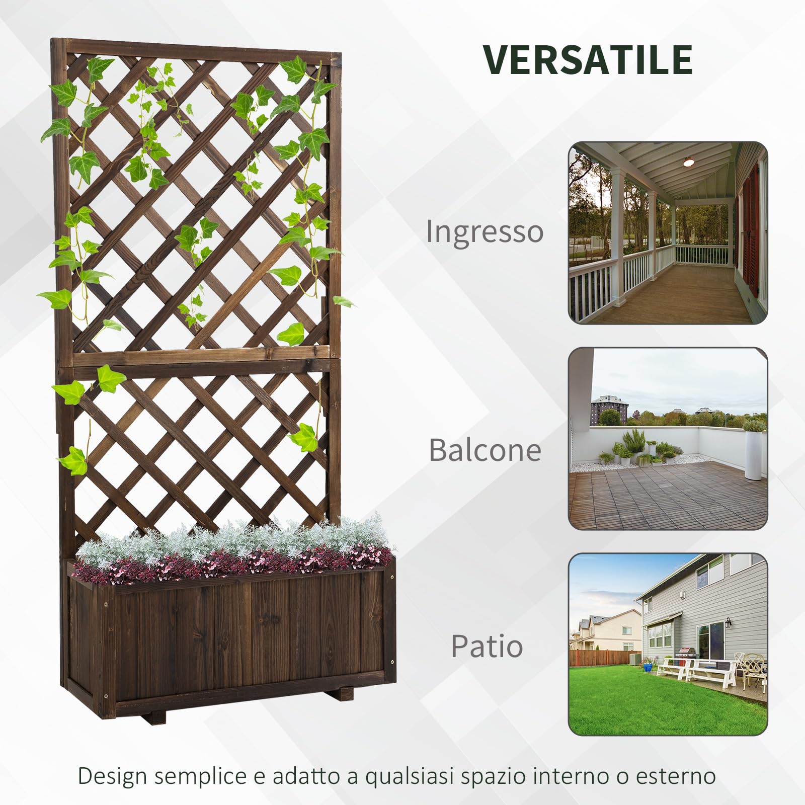Outsunny Fioriera da Esterno con Spalliera a Griglia per Piante Rampicanti e Vaso, Fioriera in Legno di Abete Durevole, 72.5x31.5x149.5 cm