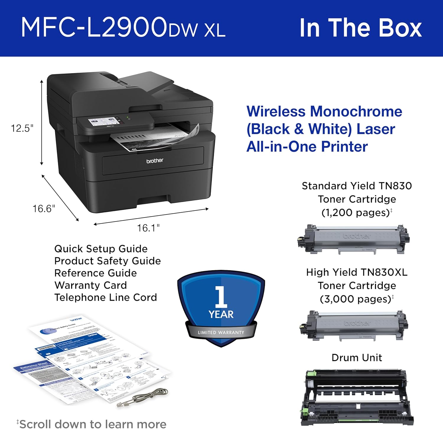 Brother MFC-L2900DW XL Wireless Compact Monochrome All-in-One Laser Printer with Duplex Copy & Scan, Fax, Black & White | Up to 4,200 Pages of Toner Included(1), Amazon Dash Replenishment Ready