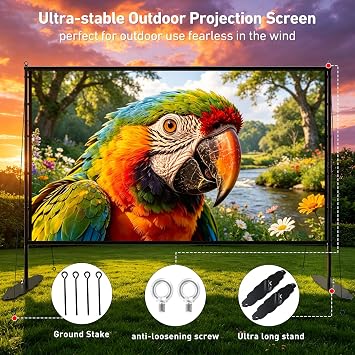 150 inch Projector Screen with Stand, 16:9 4K HD Portable Outdoor Movie Screen, Wrinkle-Free Foldable Indoor Projection Screen with Carry Bag & Ground Nails for Backyard Cinema Home Theater