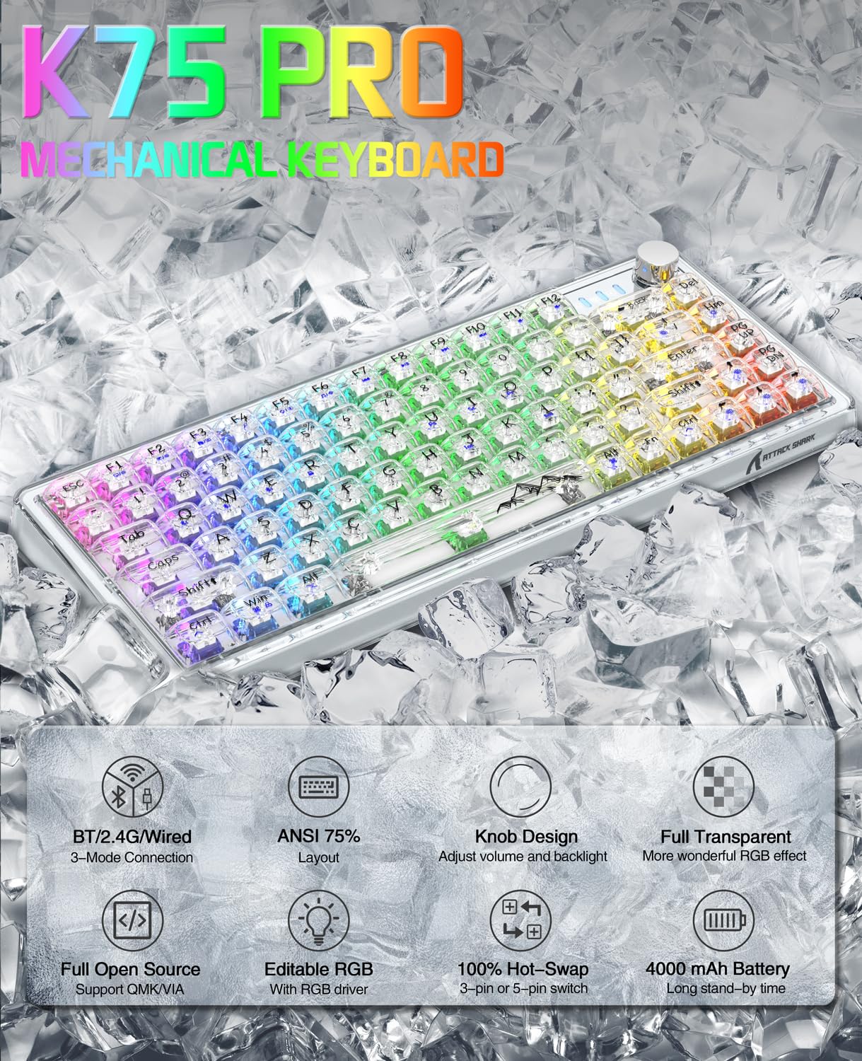 ATTACK SHARK K75 75% TKL Mecánico Teclado de Juego, BT5.0/2.4G/USB-C RGB, Teclado de Junta Transparente Personalizable con Perilla,Interruptor Lineal de Intercambio en Caliente, 4000 mAh-Blanco