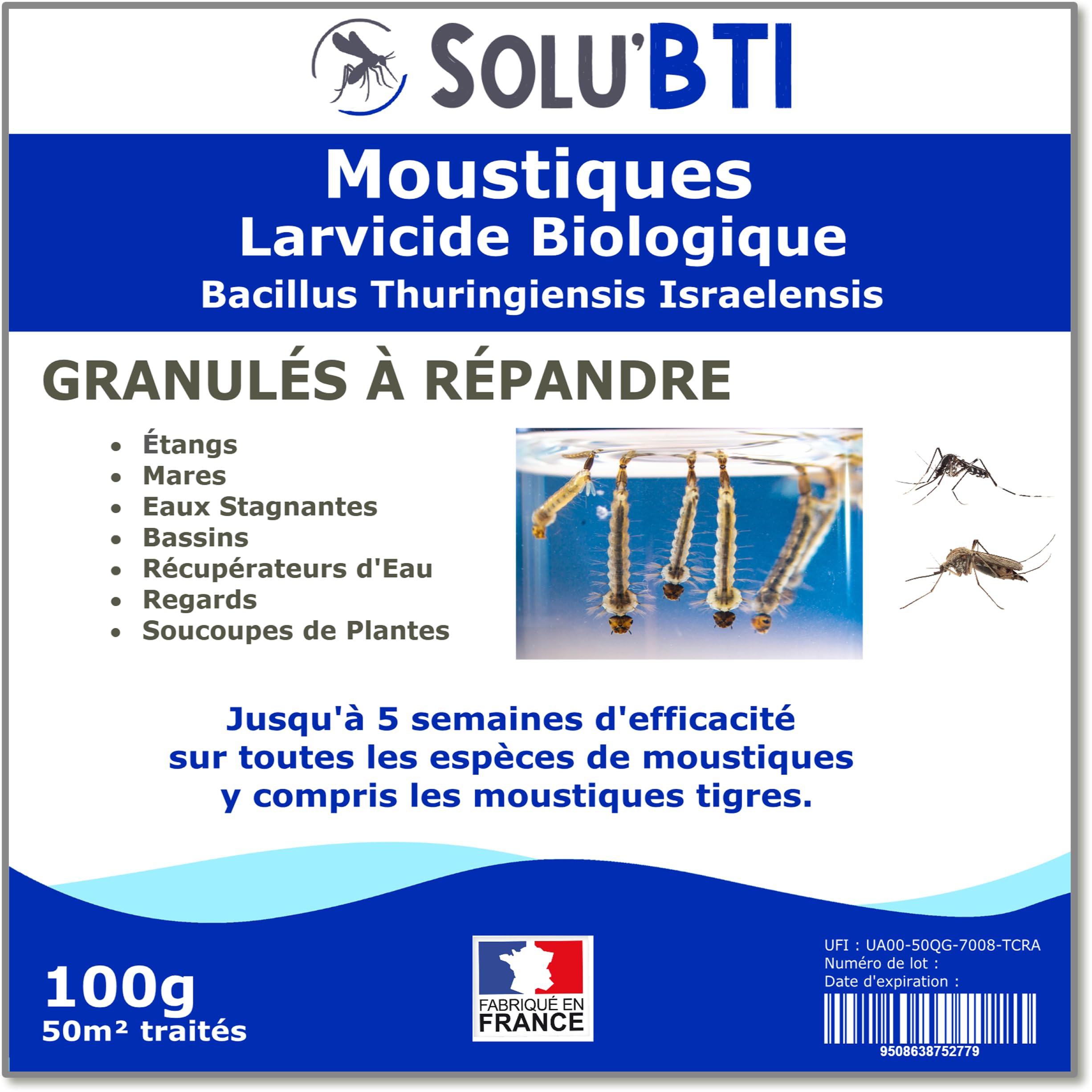 SOLU'BTI - Moustiques - 100 gr de Larvicide Biologique - BTI - Bacillus Thuringiensis