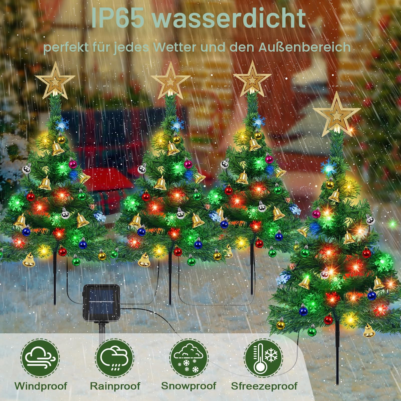Solar Weihnachtsbaum Lichter Außen, 4 Stück Weihnachtsdeko mit Schneeflocken Lichterkette WeihnachtsbaumSpitze Stern, Weihnachtskugeln, Glocken, Wasserdicht Weihnachtsbeleuchtung Deko für Garten