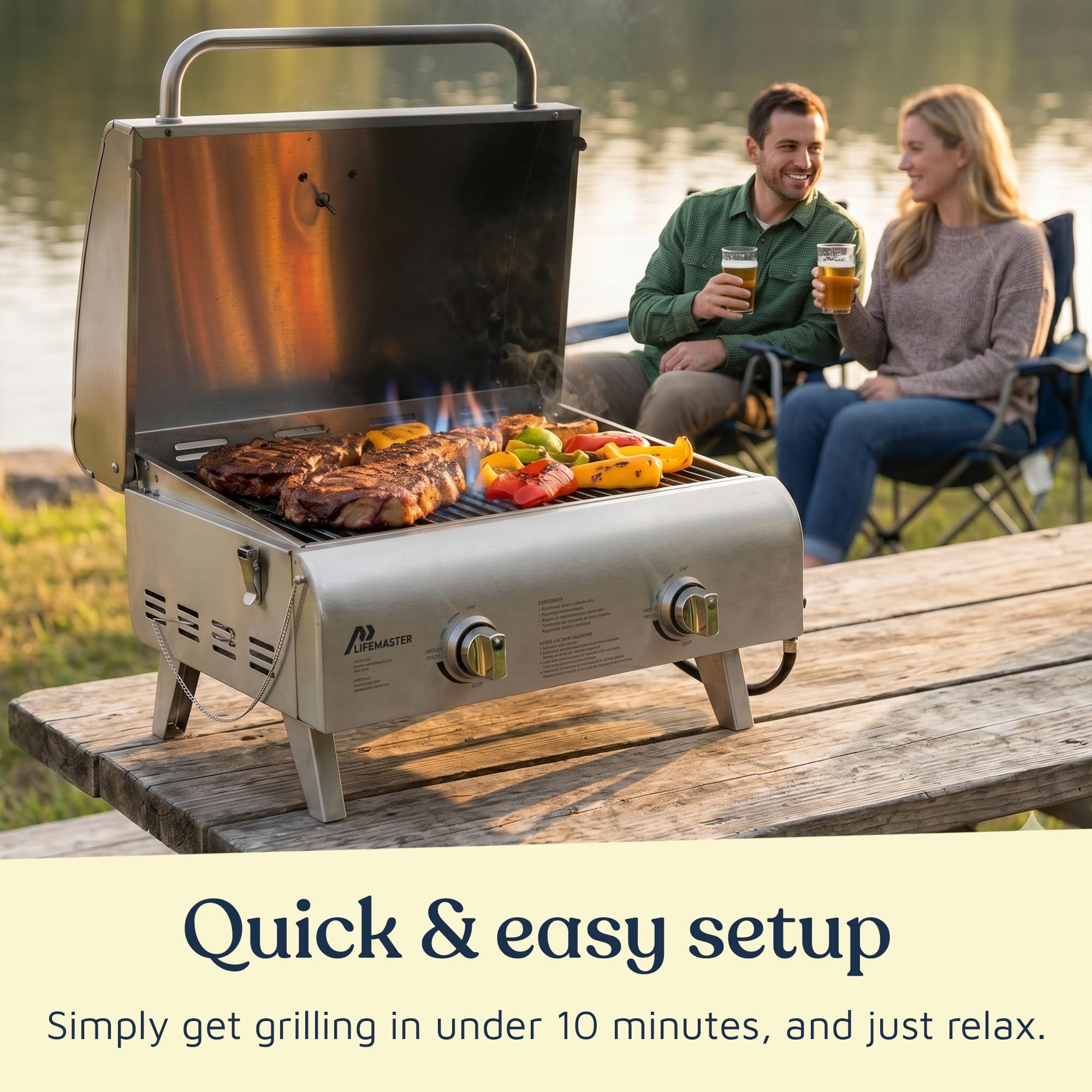 Parrilla portátil – Barbacoa de gas propano de acero inoxidable para camping y al aire libre – 2 quemadores – Potencia de 20.000 BTU – Patas plegables – Tapa a prueba de viento – Fácil de limpiar –