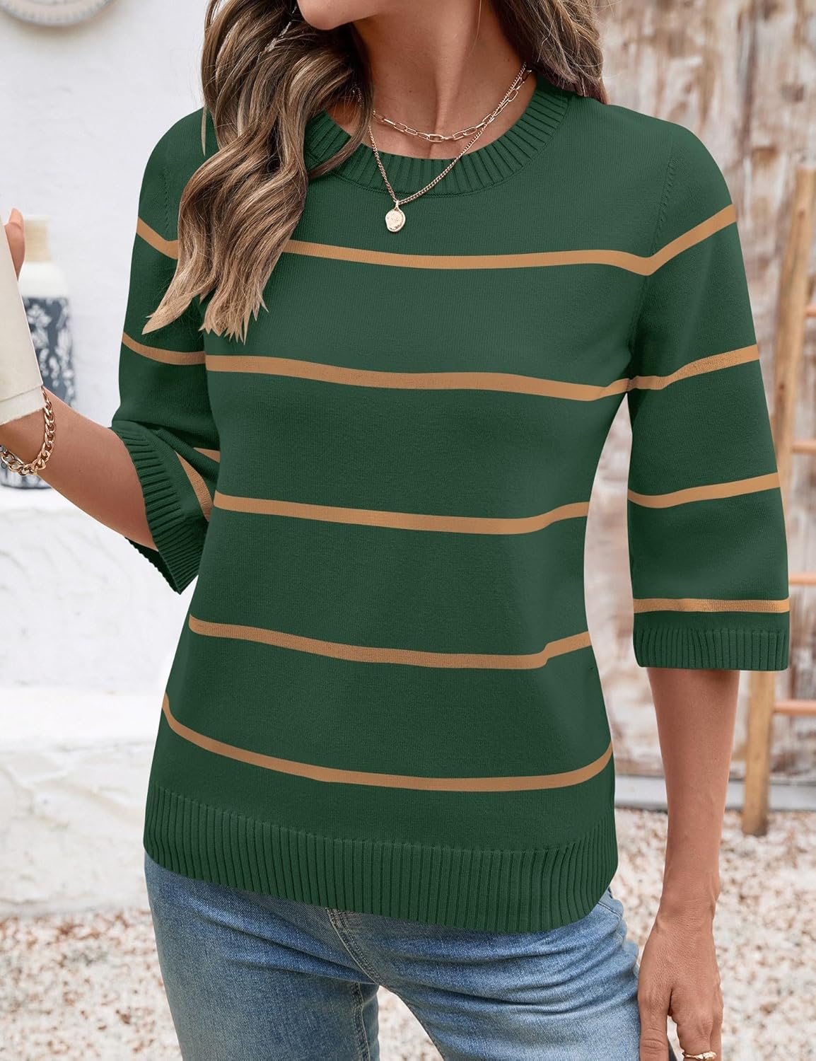 LOMON Womens Sweaters Casual Fall 2025 Crew Neck Striped 3/4 Sleeve Lightweight Knit Trendy Pullover Sweater Tops S-XL - Image 4