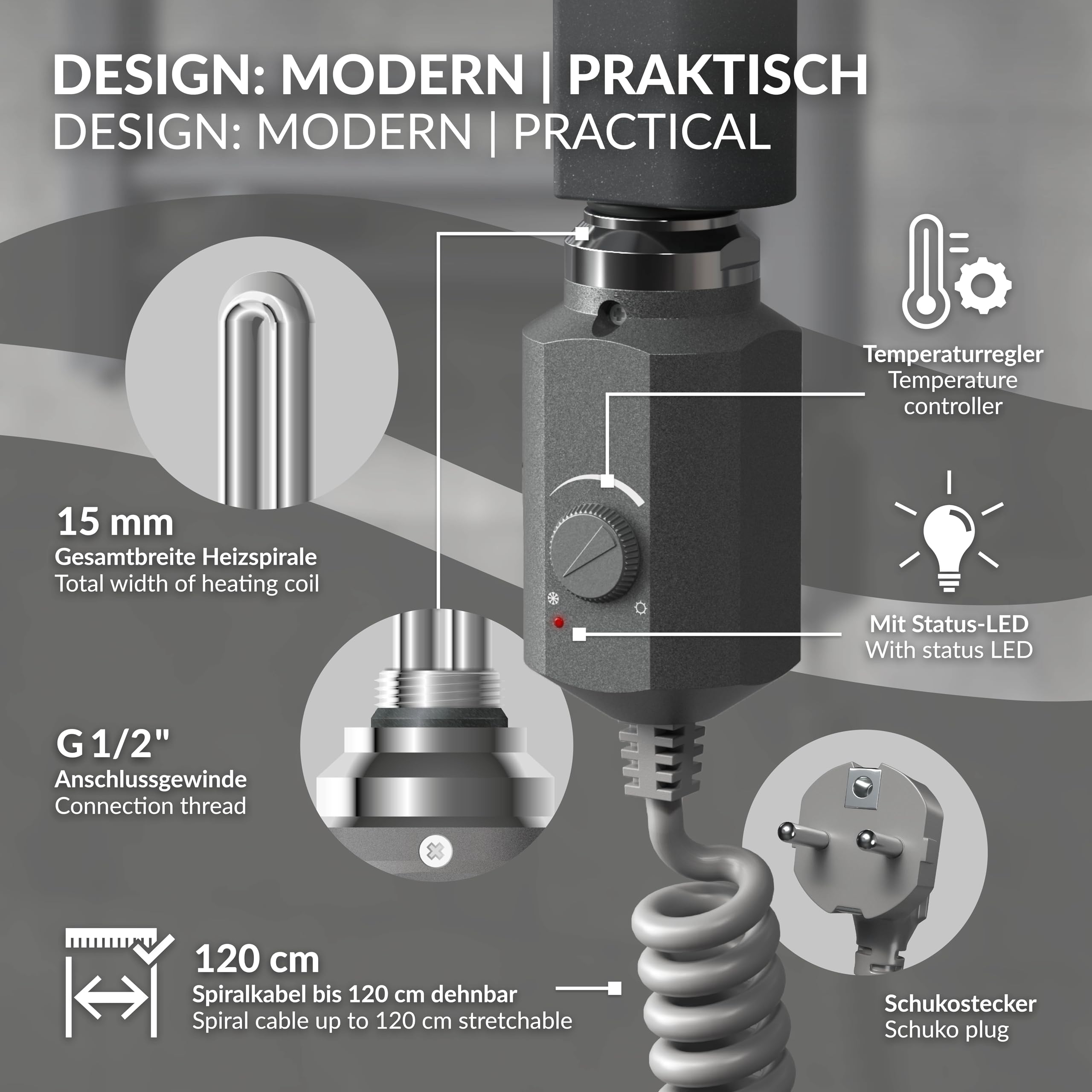 ECD Germany Radiador de baño Sahara eléctrico con Varilla calefactora 1200W - 600 x 1500 mm - Antracita Curvado - Radiador toallero secador y Calentador de Toallas