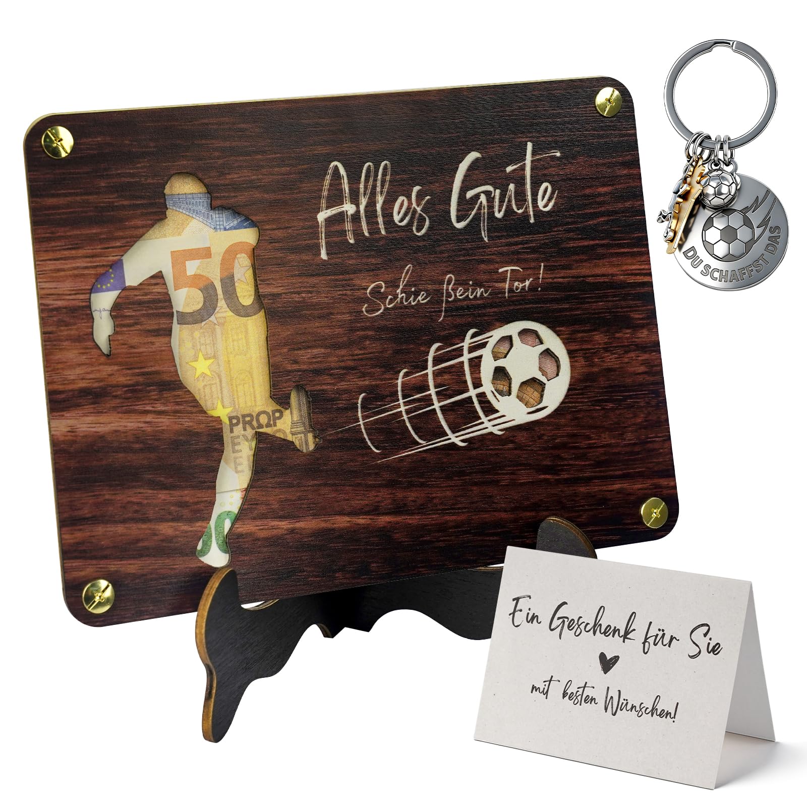 Mason Life Fußball Geschenke für Jungs Geldgeschenk mit Schlüsselanhänger, Geldgeschenk Jugendweihe, Abitur 2026 & Abschlussgeschenk, Holzschild mit Ständer (Fußball)