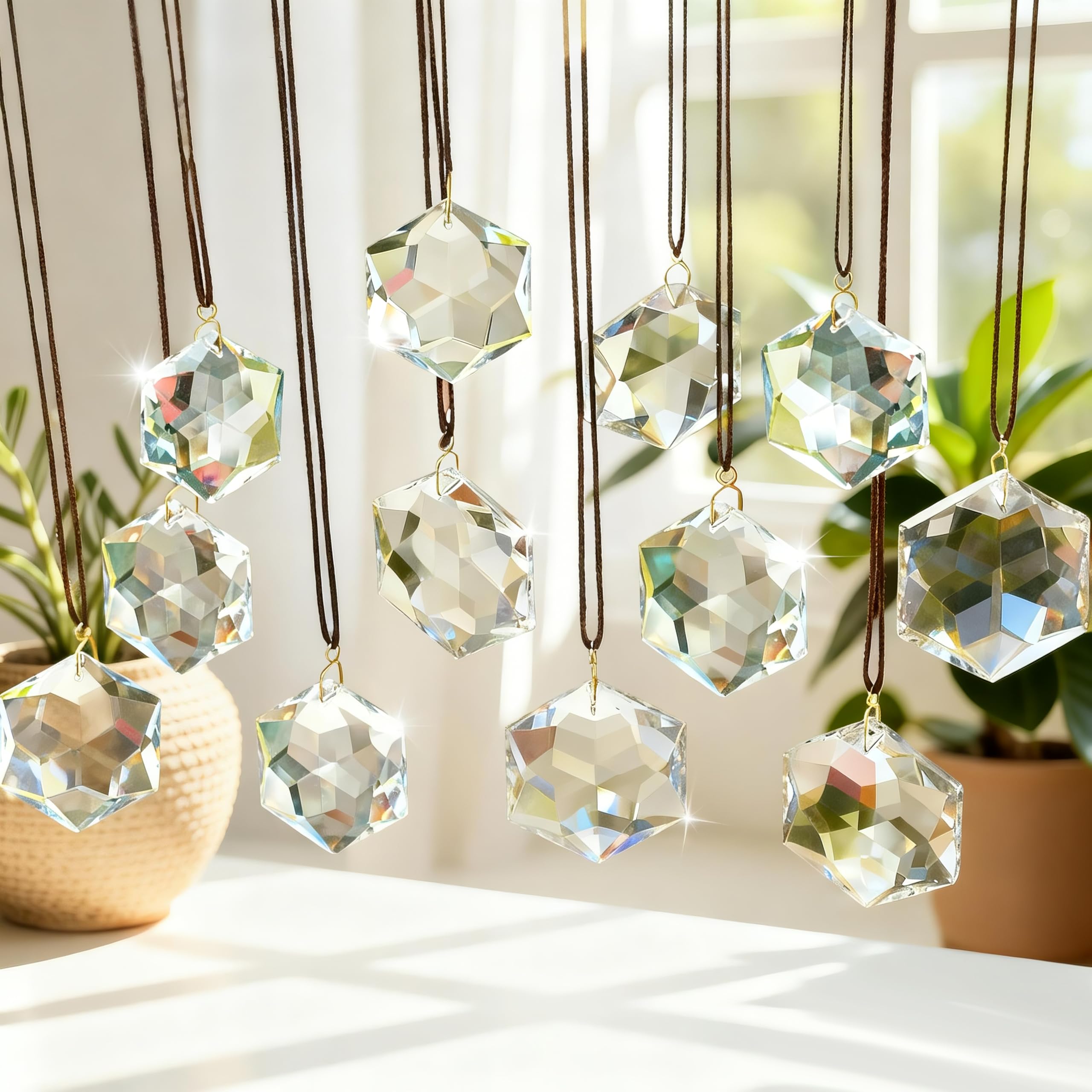 H&D HYALINE & DORA 12 Pack Crystal Sun Catcher Prisms Clear Suncatcher Crystals Indoor Window Hanging Christmas Ornaments Rainbow Maker Prisms for Home Garden Decor(Hexagon)-image-3