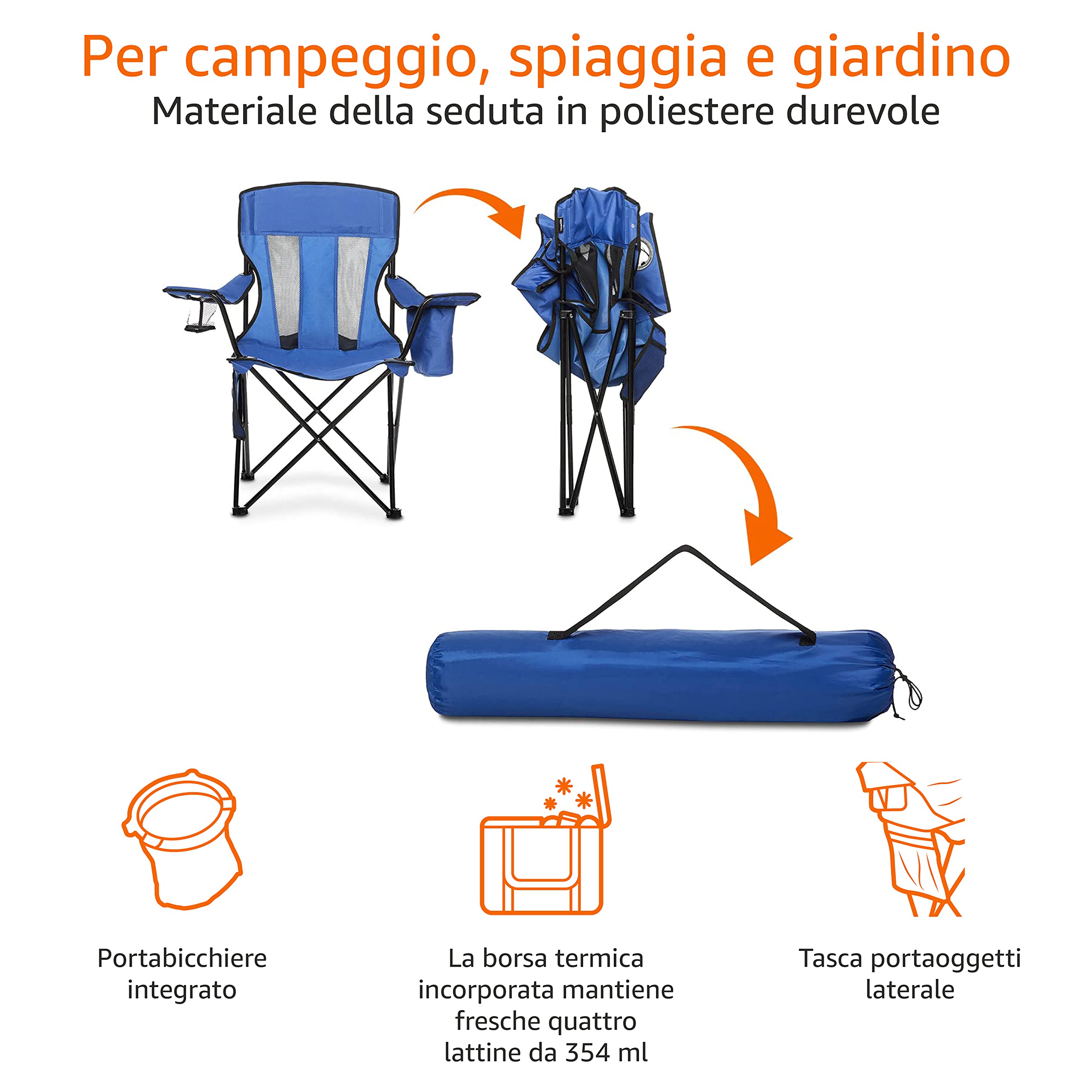 Amazon Basics Sedia da campeggio con tasca termica, Normale, Blu (Rete)