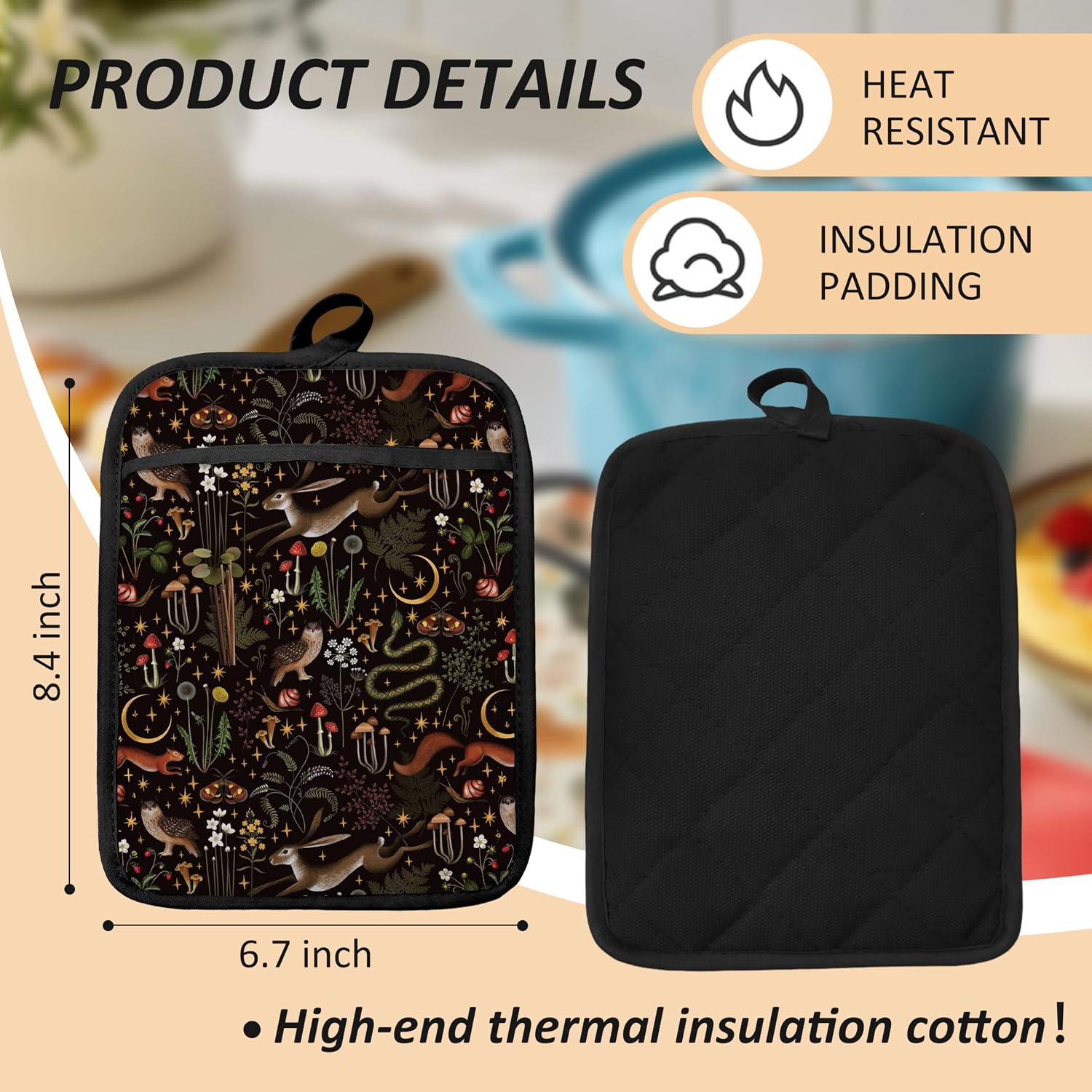 Mushroom Oven Mitts Set, Fairytale Wild Animal Forest Botanical Mushroom Heat Resistant Kitchen Oven Gloves for Baking and Cooking,Pot Holders