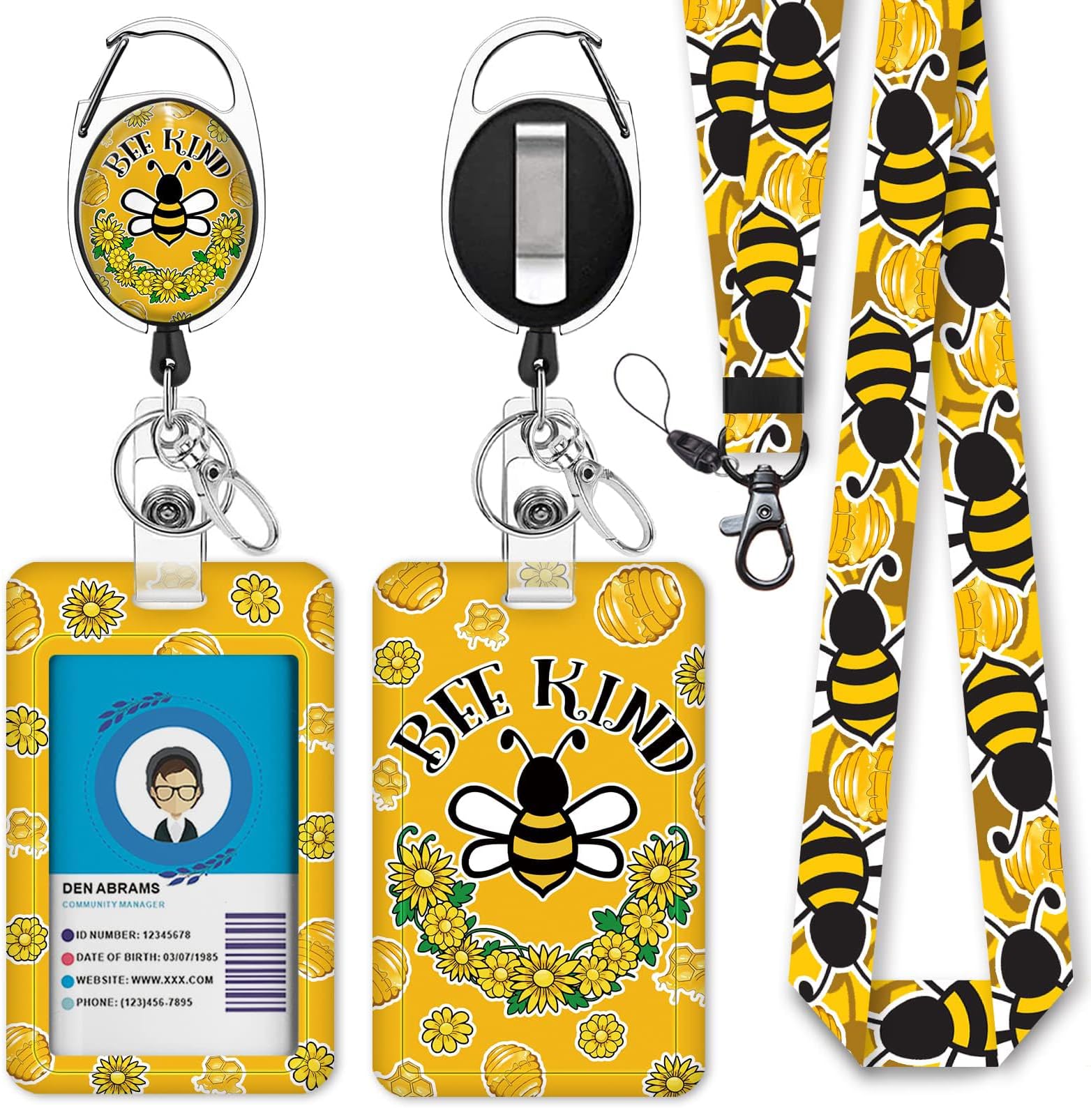Cute Bee Kind Lanyards for Id Badges, Fashionable Badge Reel Heavy Duty with Carabiner Clip, ID Badge Holder with Lanyard, Nurse Teacher Office Gifts