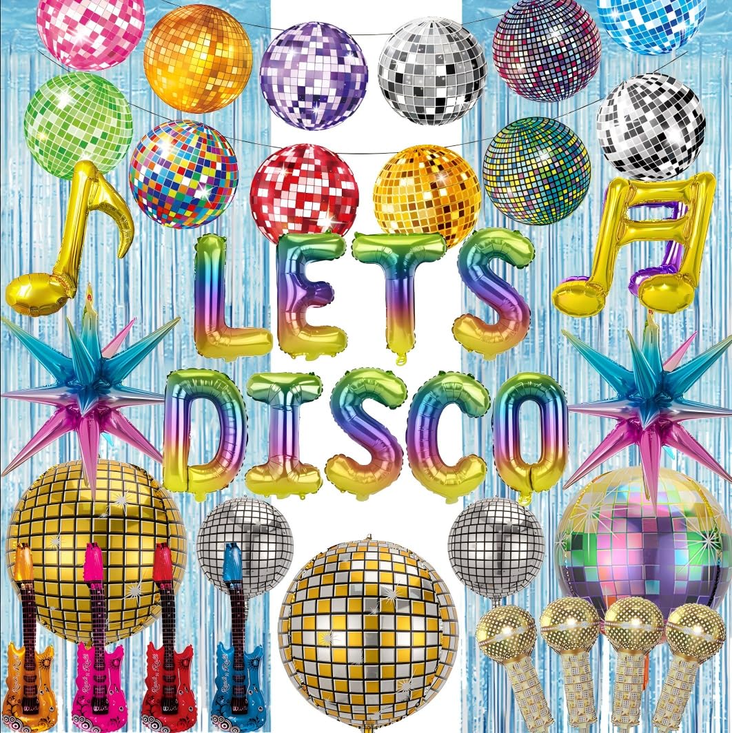 PAUBLLON Disco Party Decorations Dancing Queen-Disco Ball Decorations Including Lets Disco Balloon,Inflatable Rock Star Guitar Props,for 70s 80s 90s theme Party, Hip Hop & Retro Rock Decor（Blue）