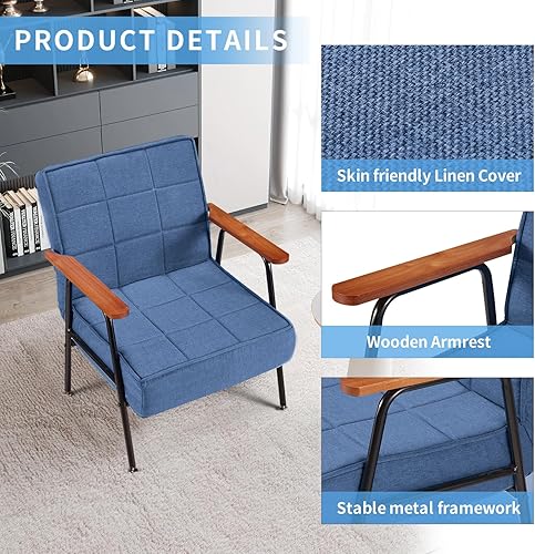 Miniatura 4 de Sillón ajustable con 5 ángulos, reposabrazos de madera, sillón plegable con patas de metal para oficina, sala de estar, dormitorio, sillón tapizado