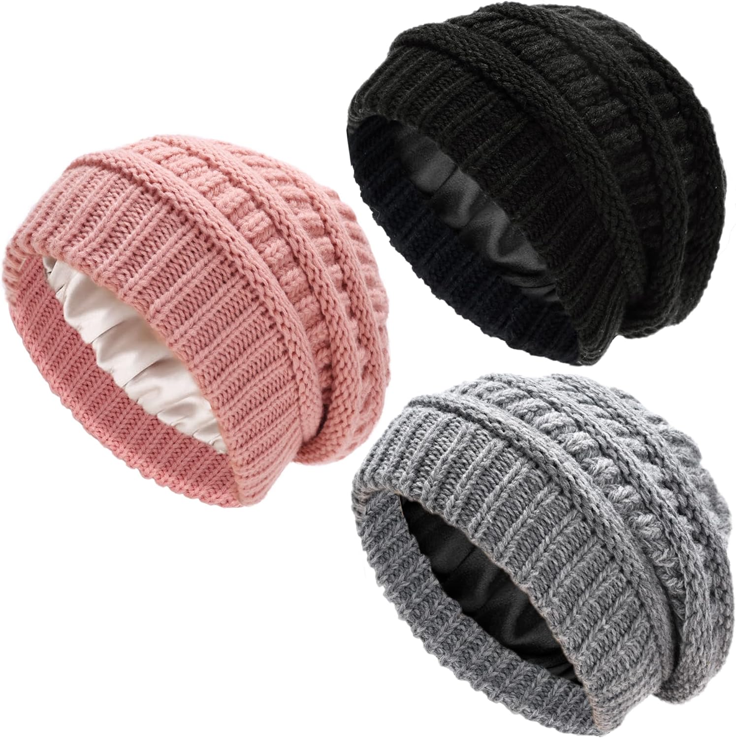 Ultrafun 3 Pack Satin Lined Beanie for Women, Slouchy Winter Hats with Silk Lined, Oversized Knit Warm Hat Skull Cap