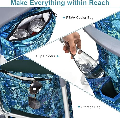 Miniatura 5 de GYMAX Sillas de playa, paquete de 2 sillas de campamento con reposabrazos, bolsa refrigeradora, soporte para tazas, barra de toalla y bolsillos,