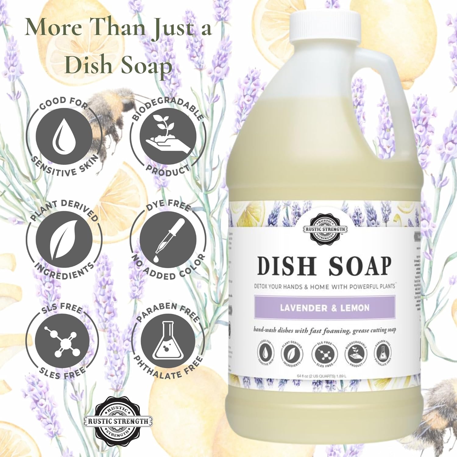 Rustic Strength Natural Dish Soap with Lavender and Lemon Essential Oils, Plant-Derived, Biodegradable, 64 oz