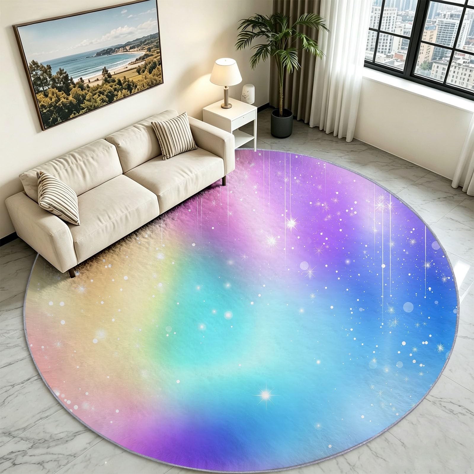 Tapis Rond Salon, Féerique Ciel Étoilé Voie Lactée Tapis de Sol Décoration Antidérapant pour Chambre Enfant Fille Garçon Cuisine Salle à Manger Doux Rampant Intérieur (Ø 160 cm, Multicolore)