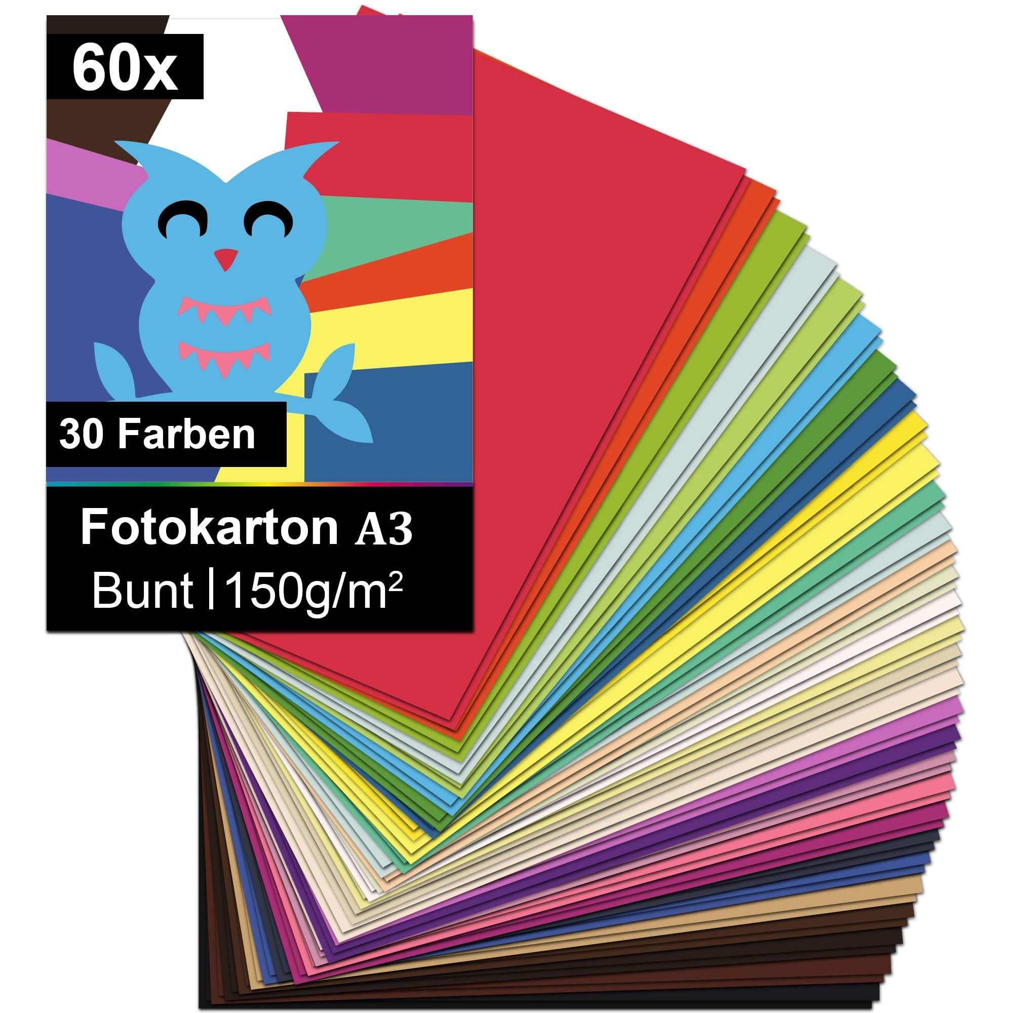 Taiyeestar 60 Sheets Coloured Card A3, Coloured Paper A3 pack assorted With 30 Vivid Colours, Construction paper 150gsm, Perfect for adding more fun to crafting and decorating, sketching and decoupage