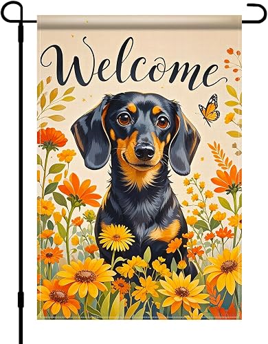 BlissYard Fall Garden Flag 12x18 Inch Dachshund Dog Welcome Autumn Decor