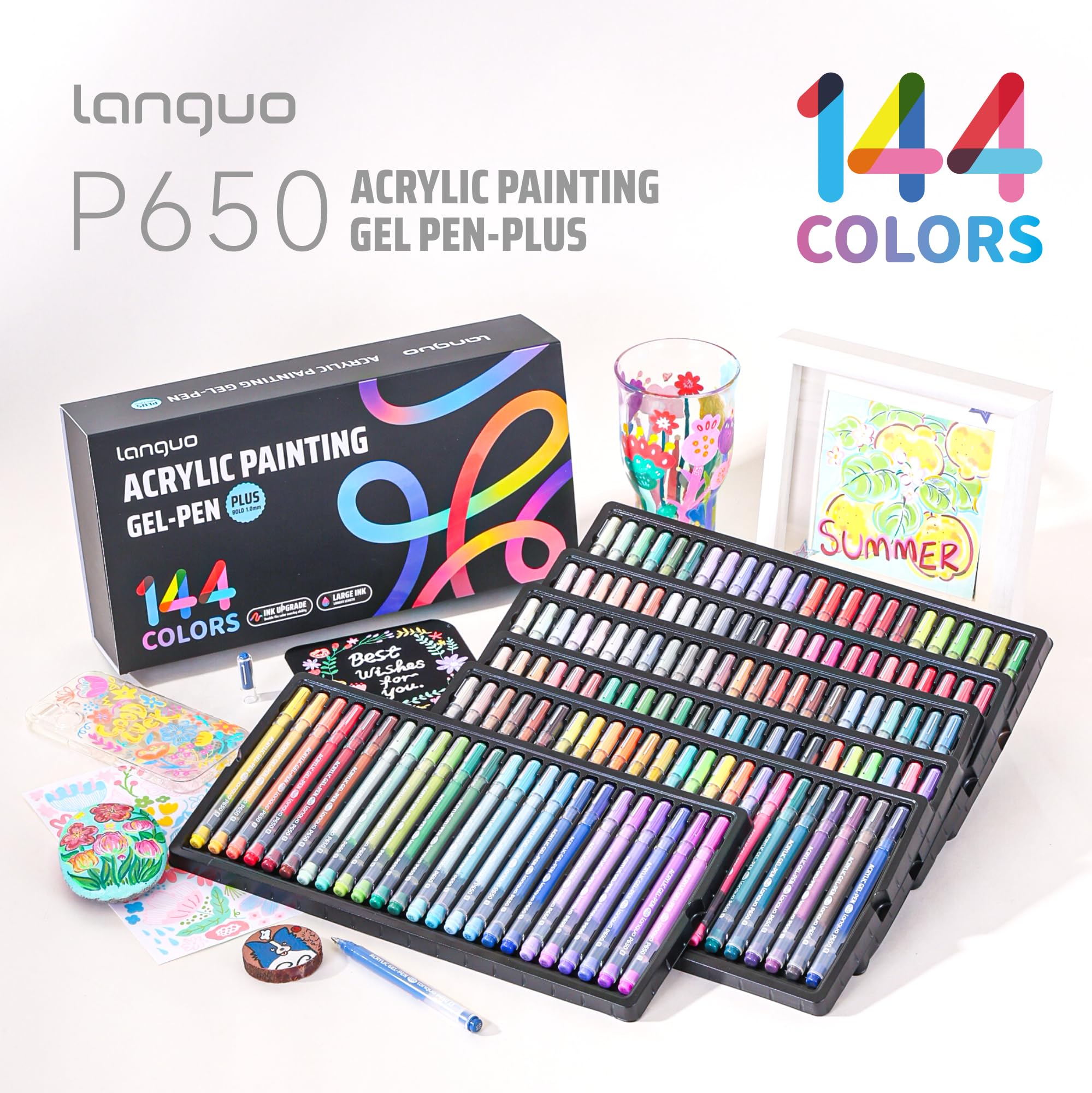 languo Acryl-Gelstifte zum Ausmalen, 144 Farben, Set mit 1,0 mm Rundspitze für Erwachsene, farbige Gelstifte für schwarzes Papier, Stein, Glas, Stoff, DIY und Kunsthandwerk
