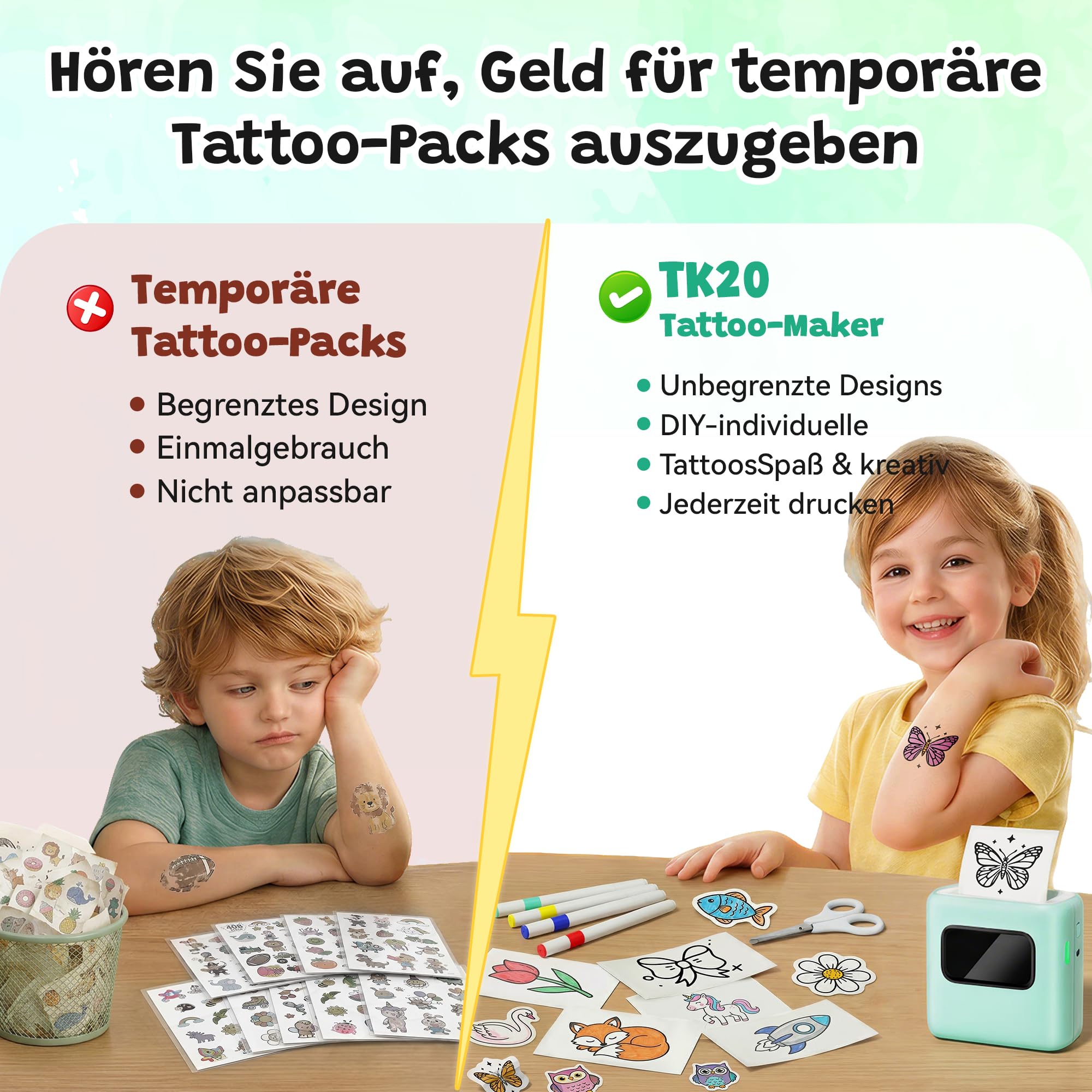 TATTMUSE Temporärer Tattoo Maker für Kinder, Mini Geschenk für Mädchen | Spielzeug für Mädchen 5 6 7 8 9 10 11 12 Jahre, Zeichensets für Kinder, Tattoo Maschine Set Kinder, Bastelset Kinder