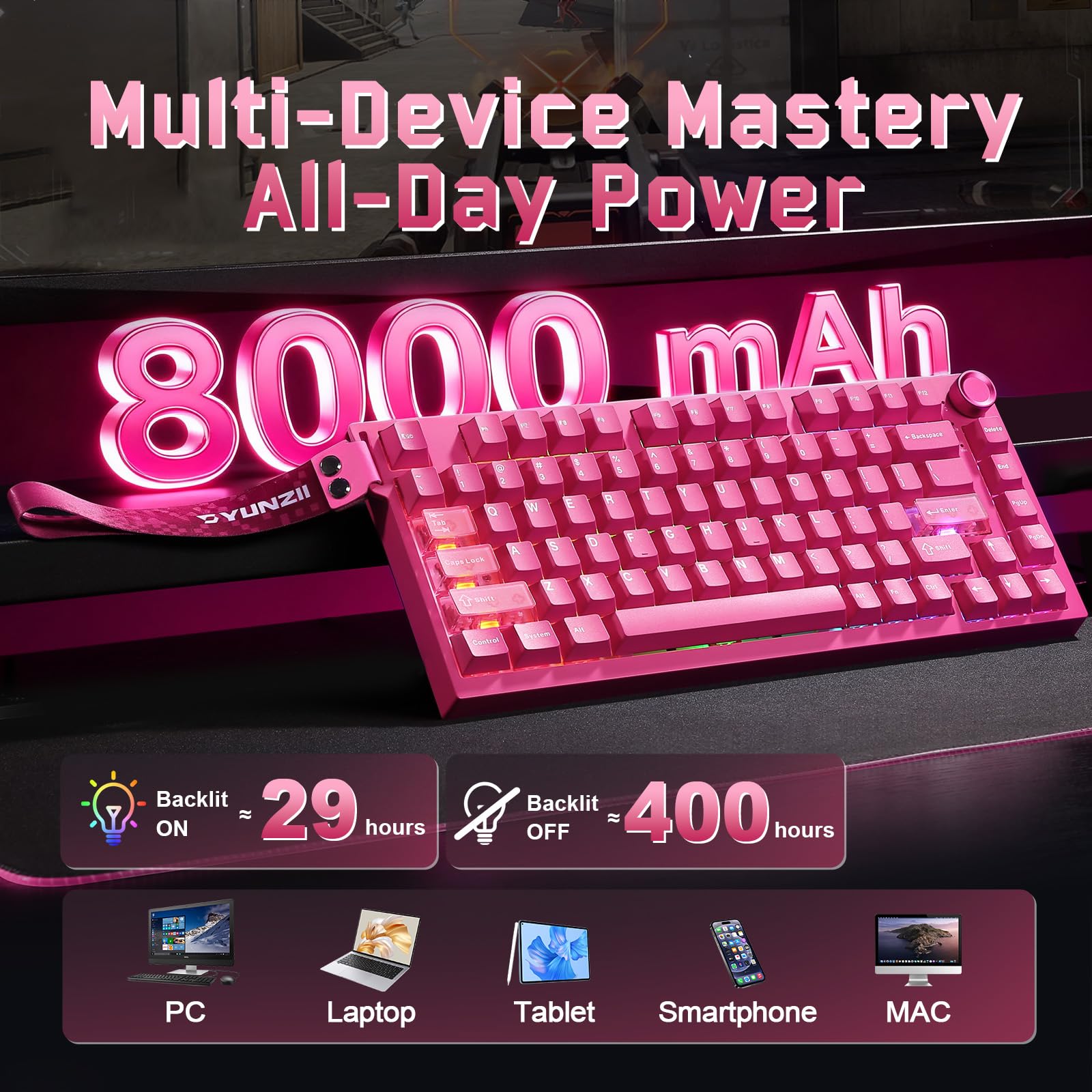 YUNZII RT75 Pro HE Clavier Gaming sans Fil Dual 8K Rapid Trigger (Rose) | Switch à Effet Hall, Filaire/2.4G, Bluetooth, 75% Compact avec Molette, RGB, 8000mAh, TGL/SOCD/DKS/MT, pour Win/Mac