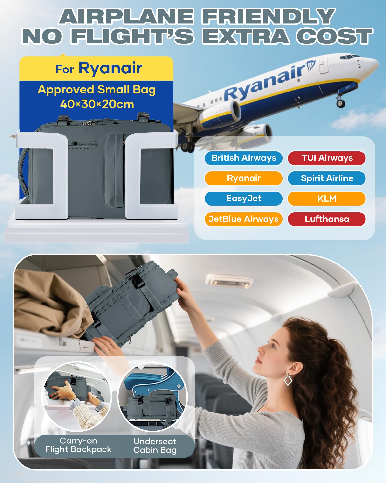 SZLX Zaino Ryanair 40x30x20 Sottovuoto con pompa Zaino Ryanair 40x20x25 Sottovuoto Bagaglio a Mano 40x30x20 Wizzair Zaino da Viaggio 45x36x20 Easyjet Donna Zaino Casual Laptop 14 Pollici Impermeabile