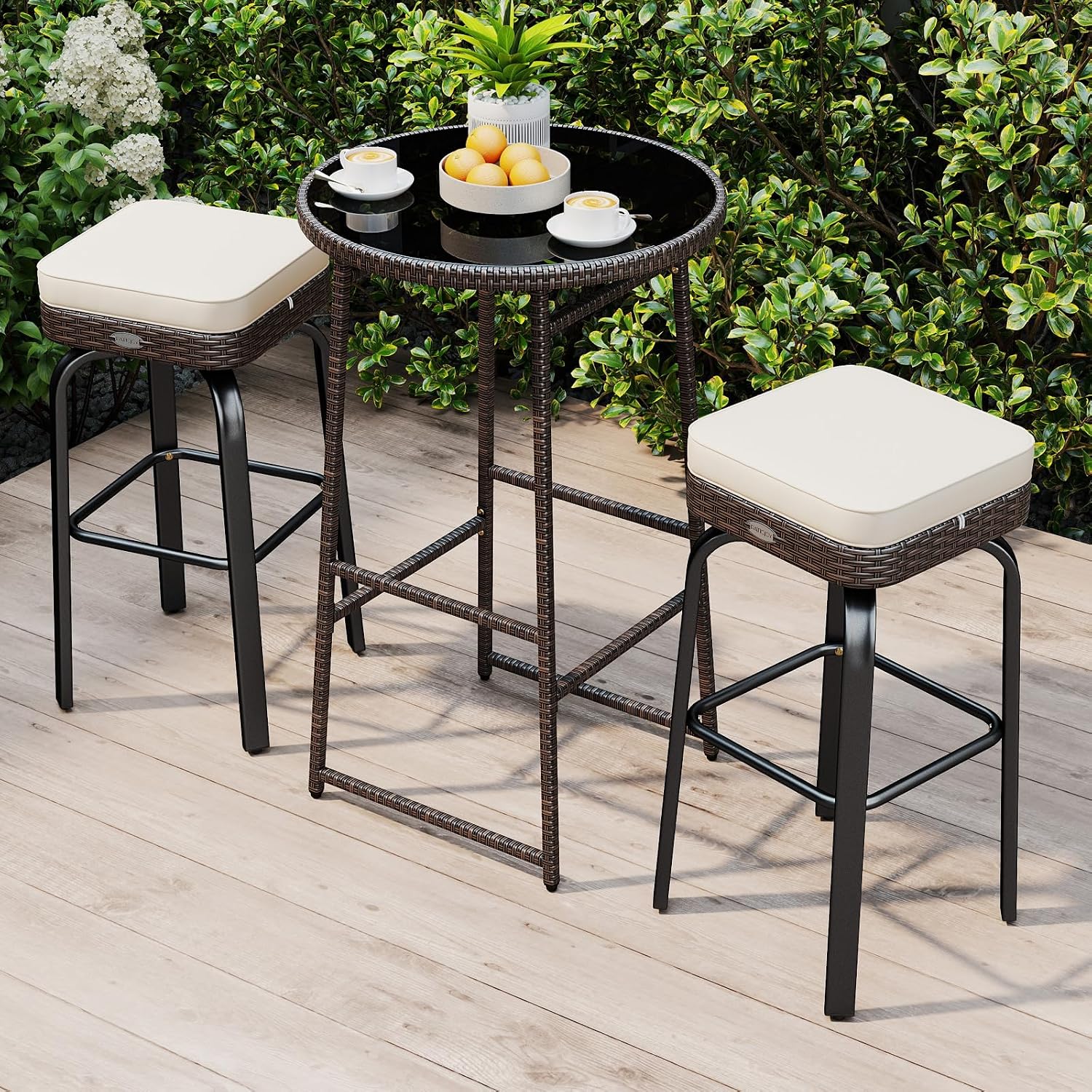Tangkula 3 Pieces Outdoor Swivel Bar Set, PE Rattan Patio Bar Height Tempered Glass Top Table with 2 Cushioned Stools, for Balcony, Poolside & Garden