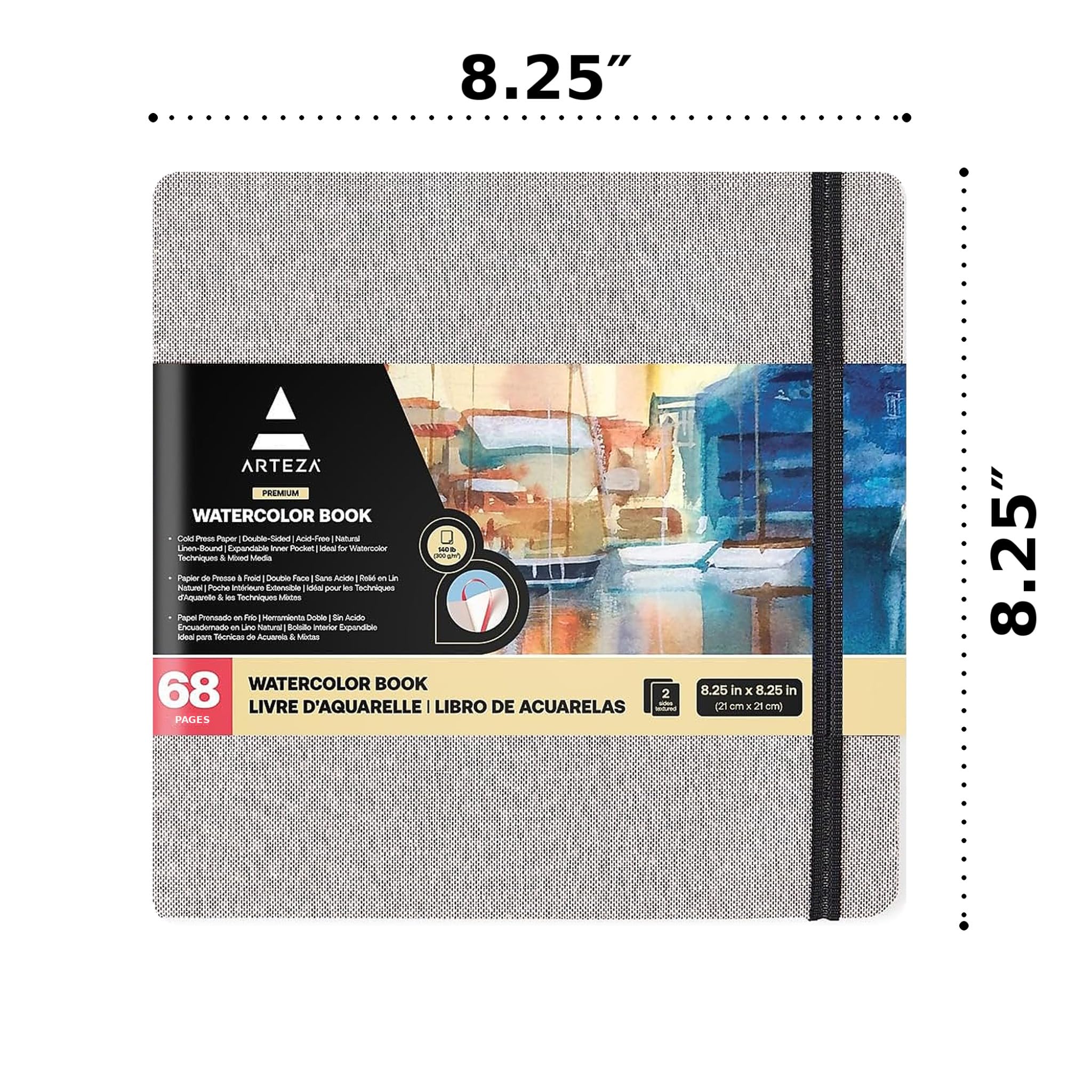 ARTEZA Blocs de acuarela | 21x21 cm | Paquete de 2 | Total 68 hojas | Tapa dura color gris | Papel de 230 g/m² | Libreta de dibujo de acuarela ideal como diario de viaje y bloc para medios mixtos
