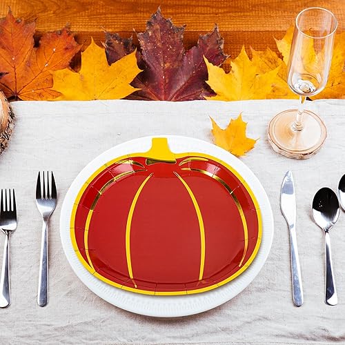 Miniatura 5 de Whaline 48 platos de papel de calabaza de otoño, platos desechables con forma de calabaza dorada, platos desechables rojos, naranjas, amarillos,
